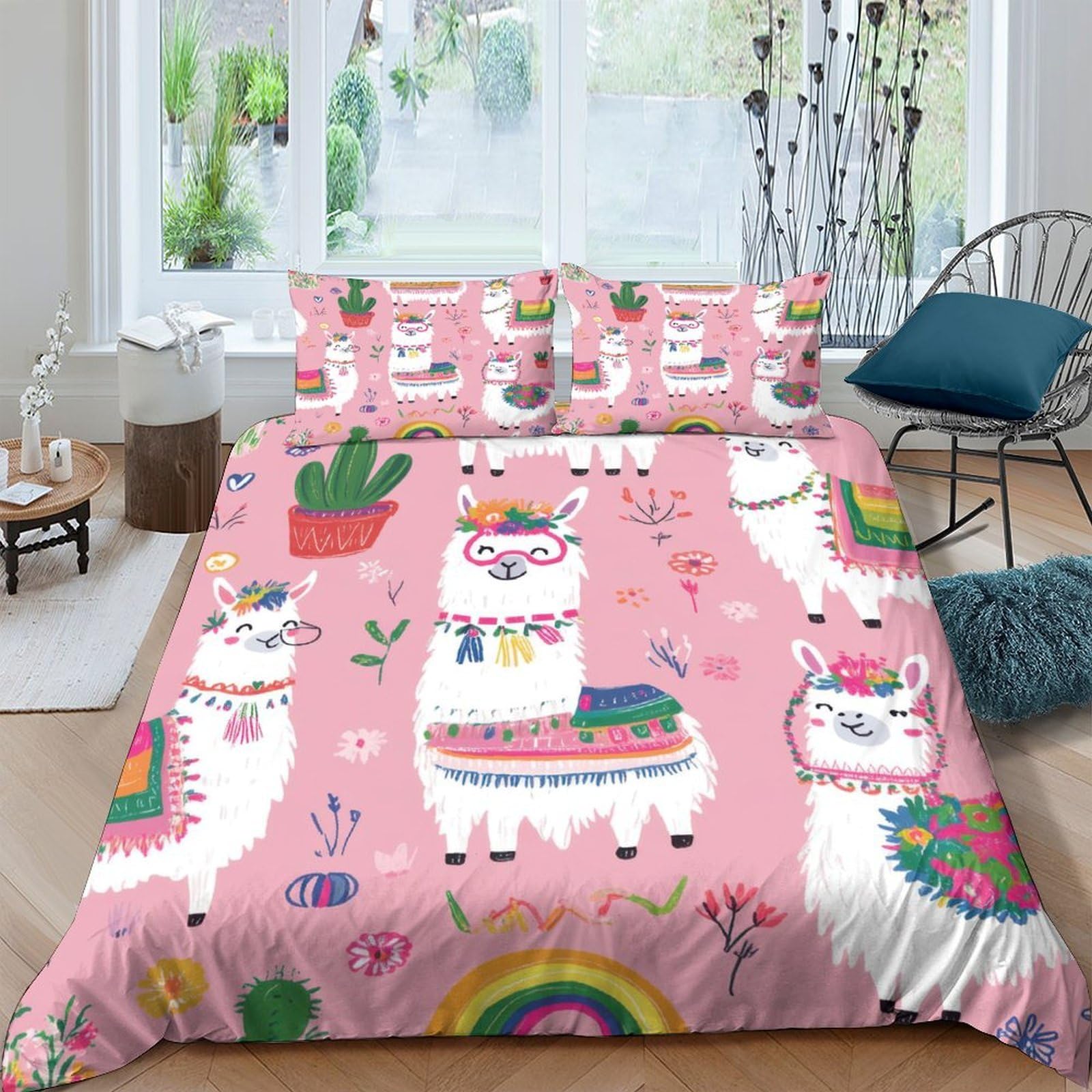 Ctjqhvkz Style-7 3D Printed Pink Llama Fitted Sheet Microfiber Soft Rainbow Cactus Mattress Cover Bedroom Dorm Decorative Bedding Single（135X200cm）