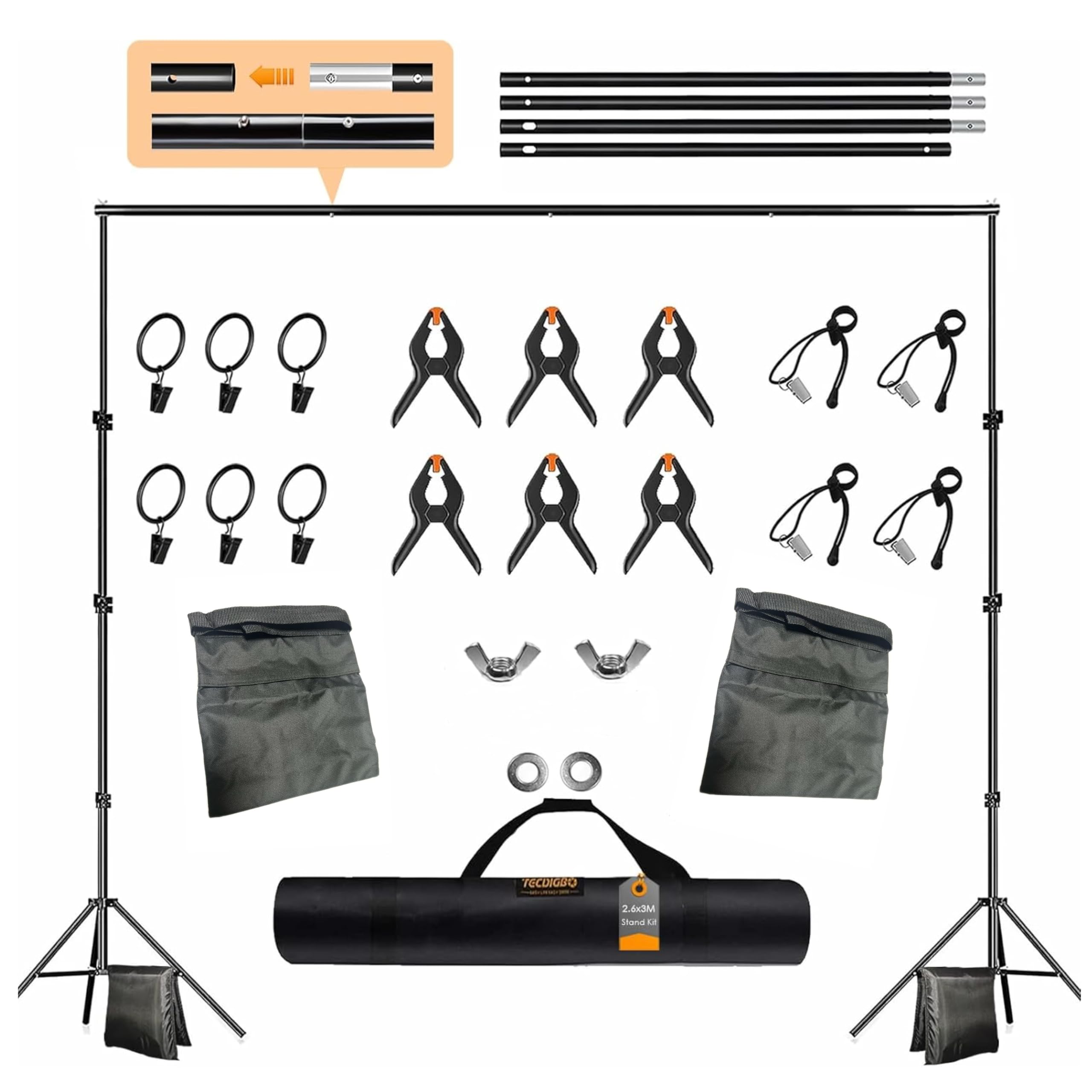 Backdrop Stand, Photo Video Studio 8.5 x10ft Adjustable Background Support System Kit with 2 Sandbag, 6 Backdrop Spring Clamp and Carry Bag for