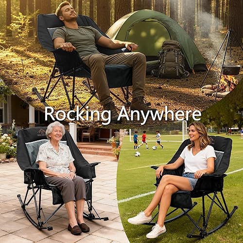 Miniatura 9 de Mecedora de gran tamaño para campamento, resistente, XL para adultos al aire libre, silla mecedora plegable acolchada con respaldo alto, grande y