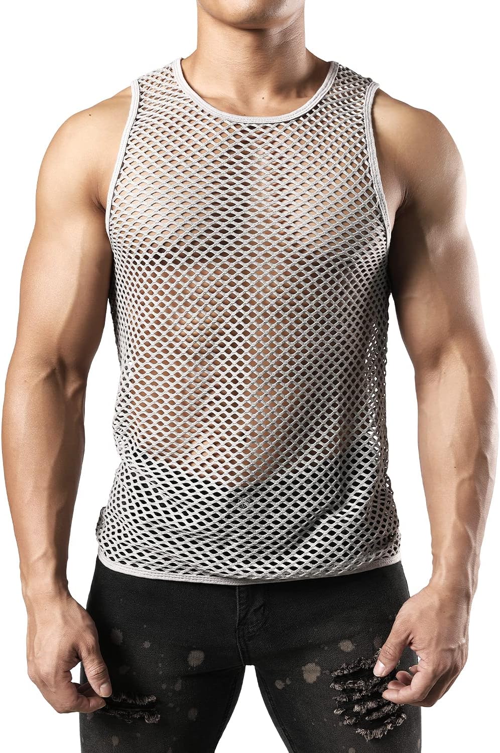 JOGAL Men's Mesh Fishnet Fitted Sleeveless Muscle Top - Image 2