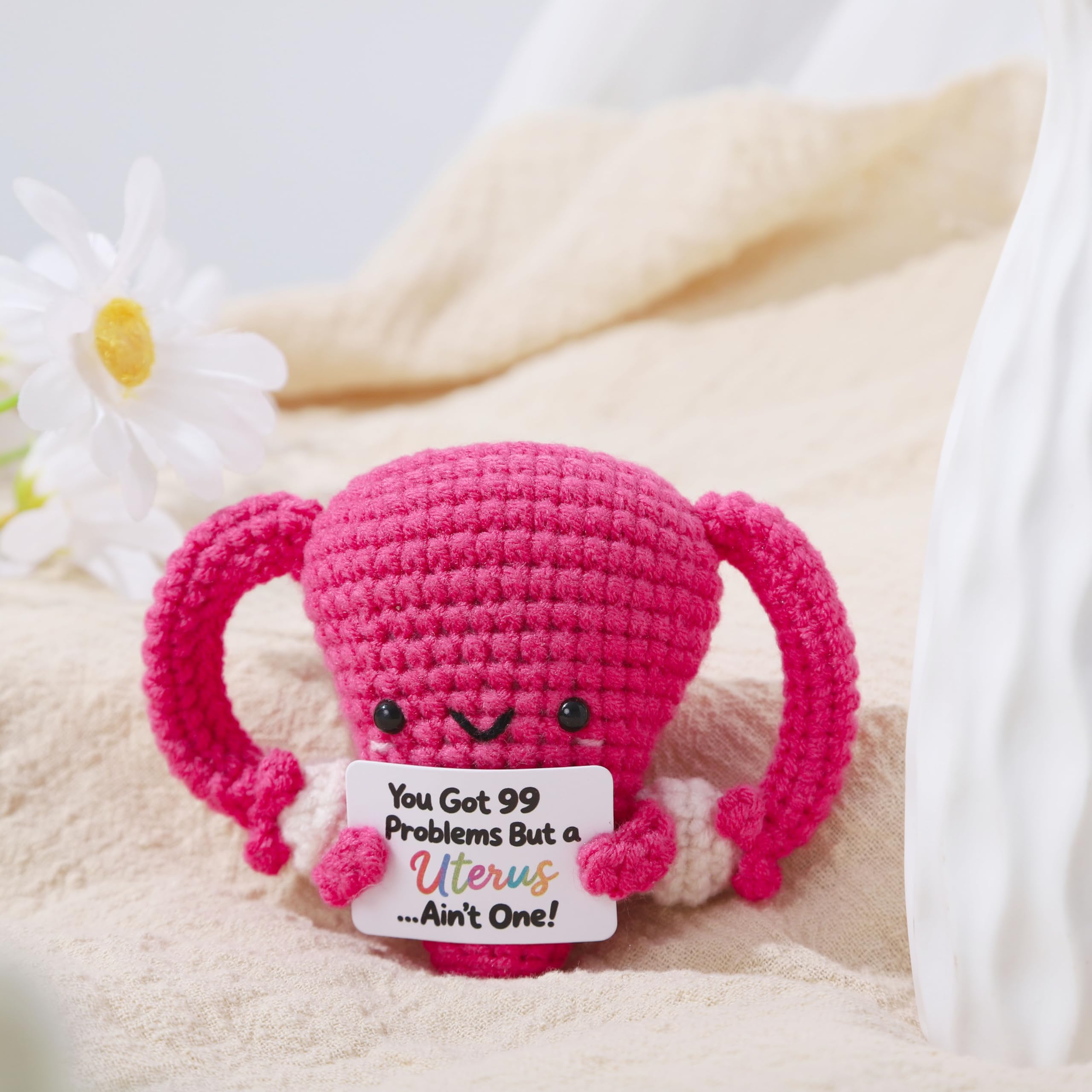 Handmade Stuffed Uterus Plush Toy - Funny Emotional Support Crochet Uterus, Hysterectomy Recovery Gifts for Women, OBGYN Doctor Present with Positive Card