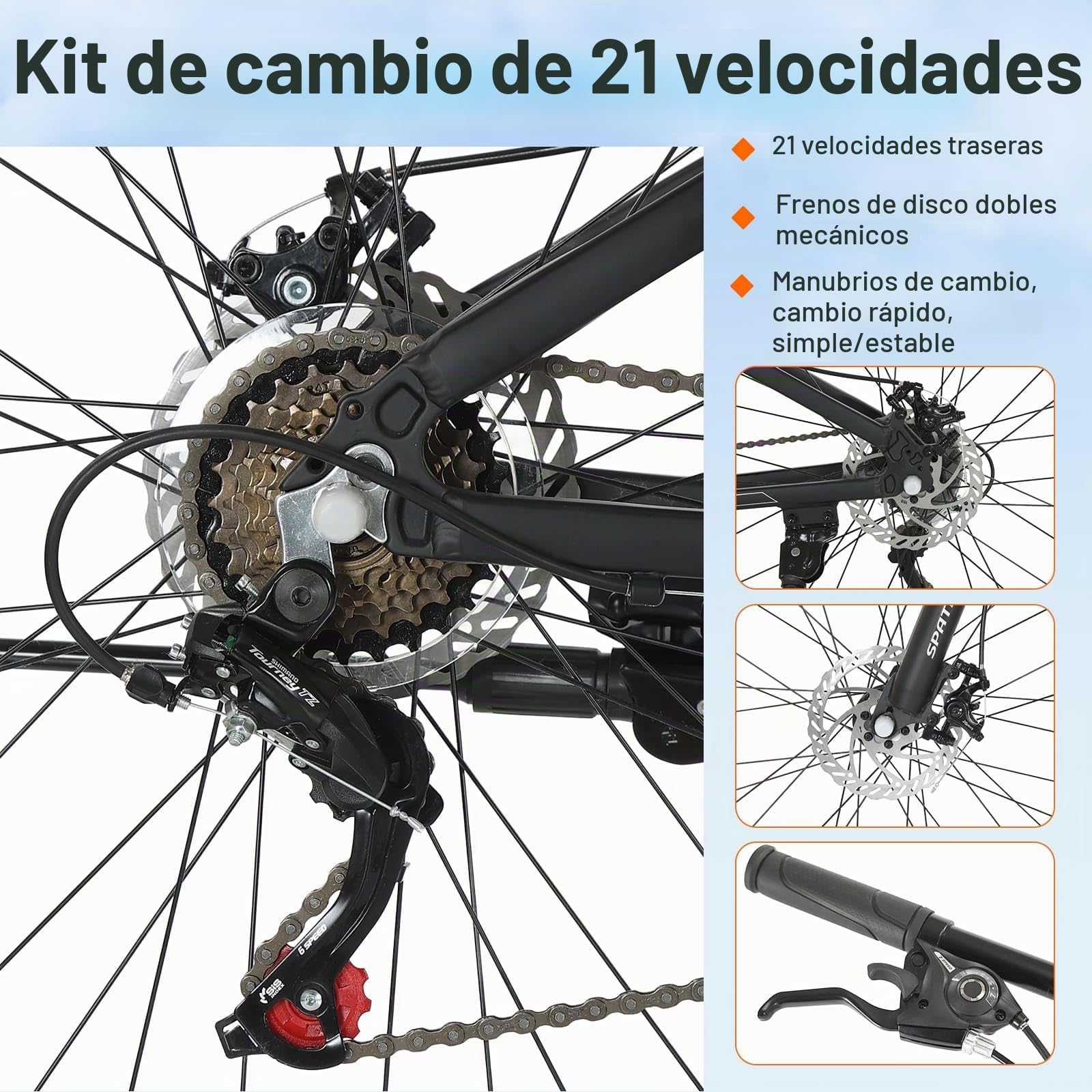 SPATIAL MTB Bicicleta de Montaña para Adultos y Jóvenes - 29/27,5/26/24 Pulgadas, 8/21 Velocidades, Frenos de Disco Mecánicos Dobles, Cuadro de Aluminio, Suspensión Delantera, Asiento Ajustable