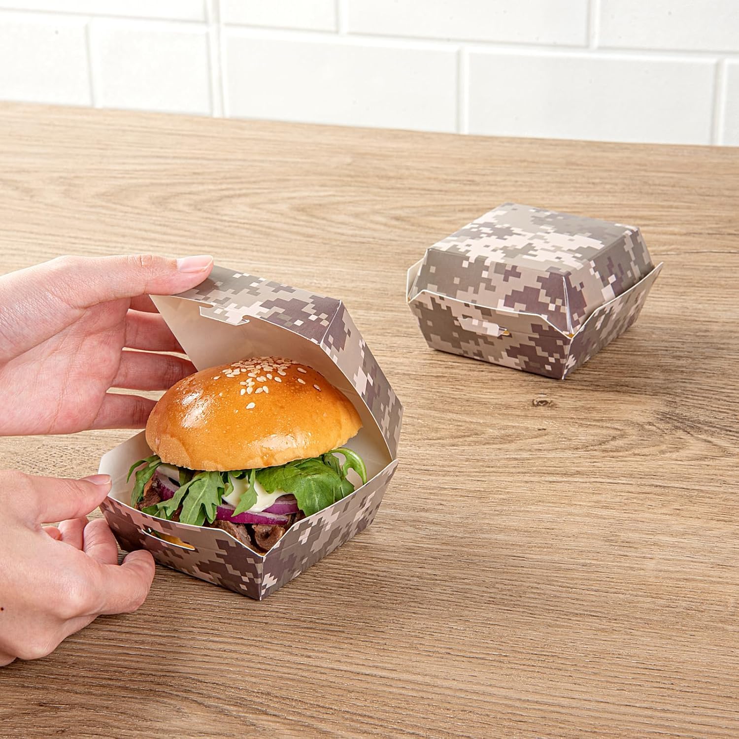 Restaurantware 2.8 x 2.8 x 2 Inch Mini Burger Boxes 100 Clamshell Food Containers - Hinged Lid Disposable Camouflage Paper Take Out Boxes Serve Sliders Or Finger Foods