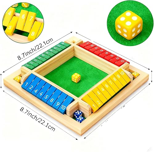 Miniatura 8 de Juego de mesa Shut The Box, juego de mesa de dados de madera con tapa de cuatro lados, juegos de dados de madera mejorados para 2 a 4 jugadores,