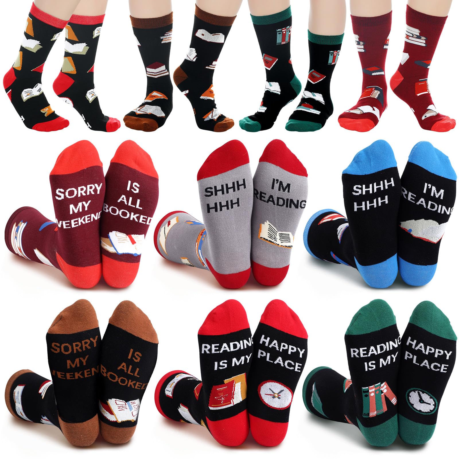 Six pairs of crew socks with retro book, apple and clock designs