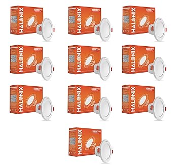 Halonix Polycarbonate 9W 6500K White Kornet Junction Box Led Downlighter | Cut Out- 2.95 Inch, Dia- 4.13, Height- 1.96 Inch | | Ceiling Light for Home, Shop and Office |Pack of 10, White. - image, photos
