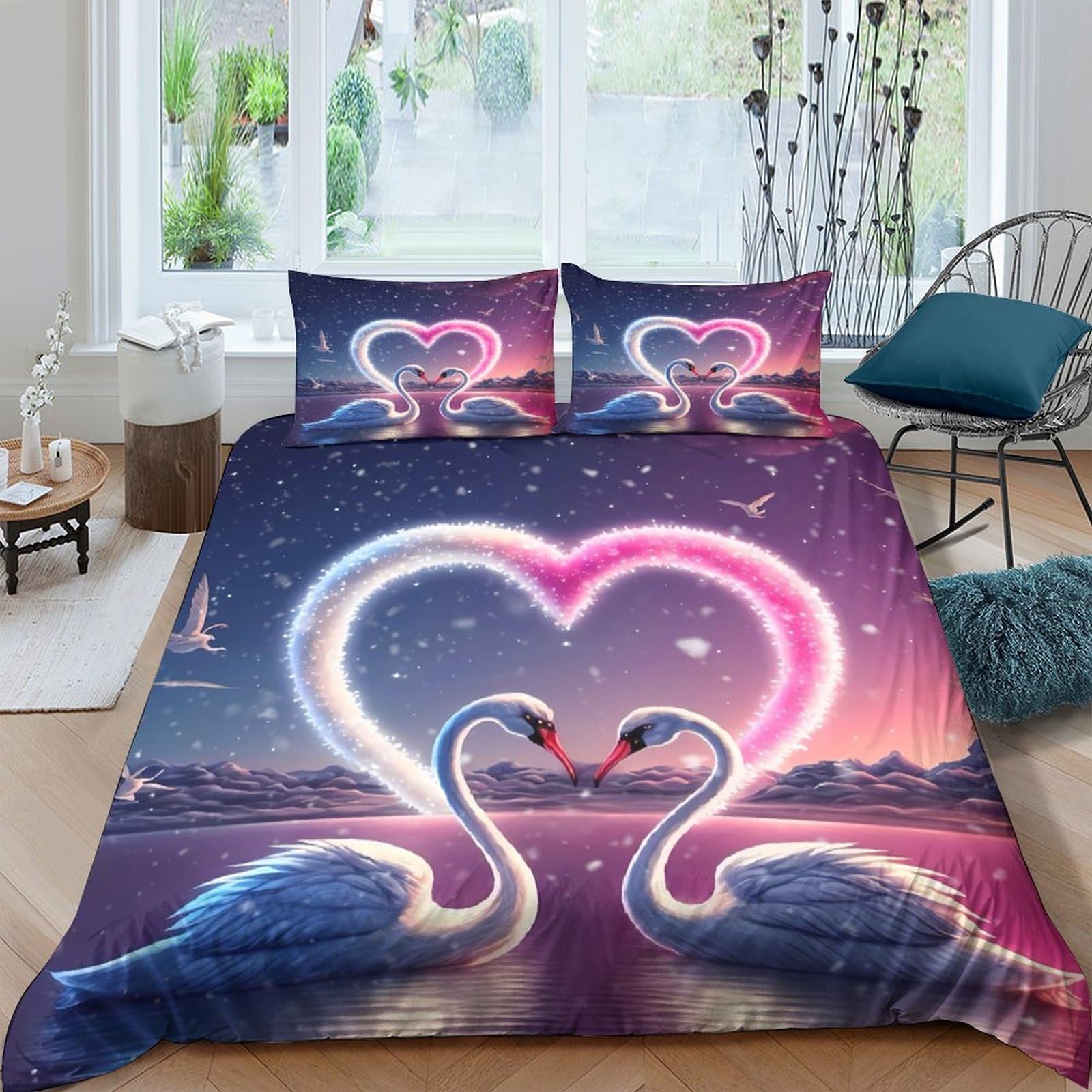 Ctjqhvkz Style-2 3D Printed Romantic Swan Heart Fitted Sheet Microfiber Soft Gradient Sunset Bed Cover Anti-Slip Bedroom Decor Single（135X200cm）