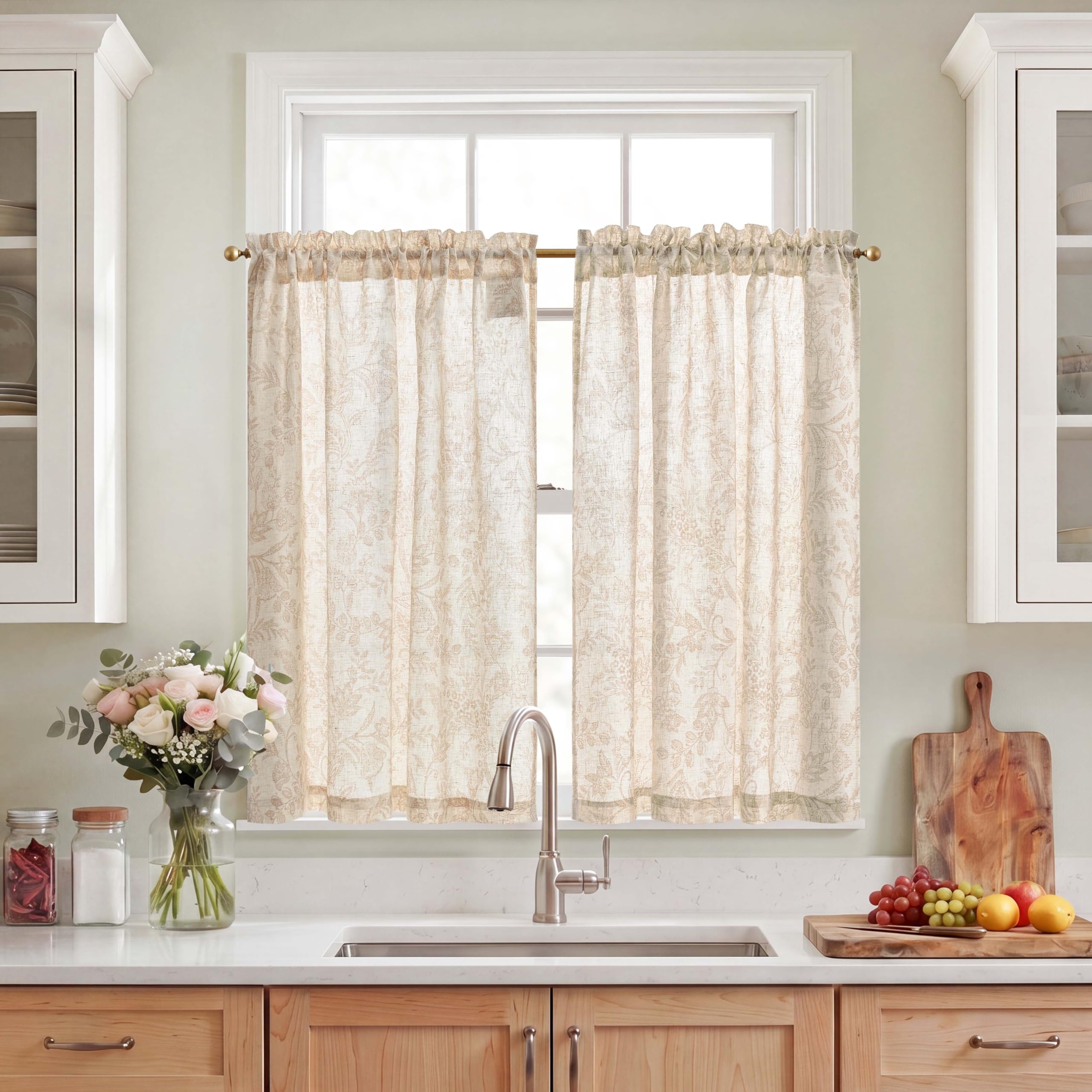 TOPICK Kitchen Curtains 36 Inch Drop with Taupe Botanic Floral, Linen Look Small Cafe Curtains, Rod Pocket Light Filtering Curtain Tiers for Cupboard Base, Sink, Basement, Bistro, W36 x L36 Inch