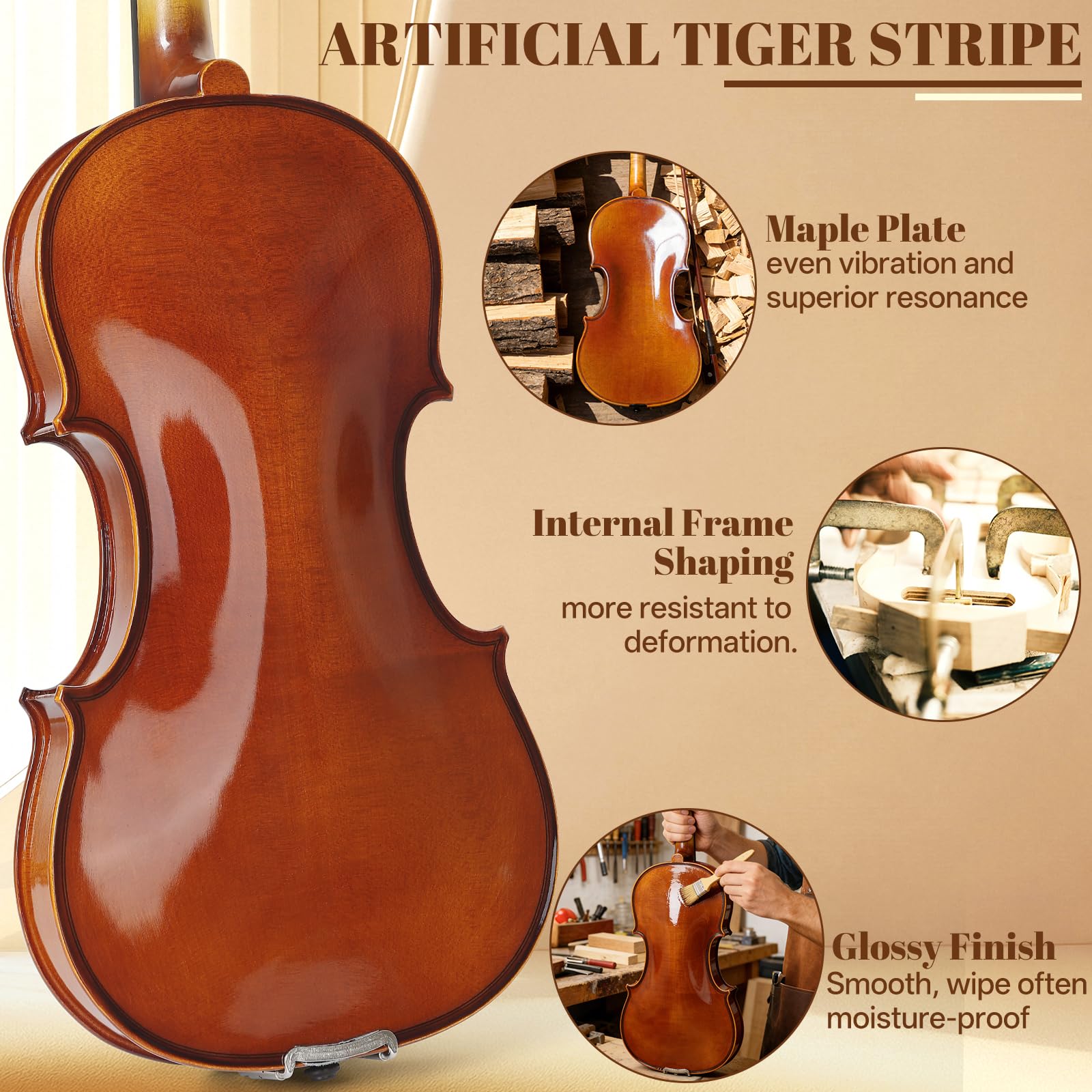 Kmise Violine 4/4 Full Set High Density Ebenholz Violinen Glänzend Akustische Geige für Erwachsene Anfänger Studenten mit Violinkoffer Kolophonium Saiten Bogen Schulterstütze & Führung (Rotbraun 4/4)