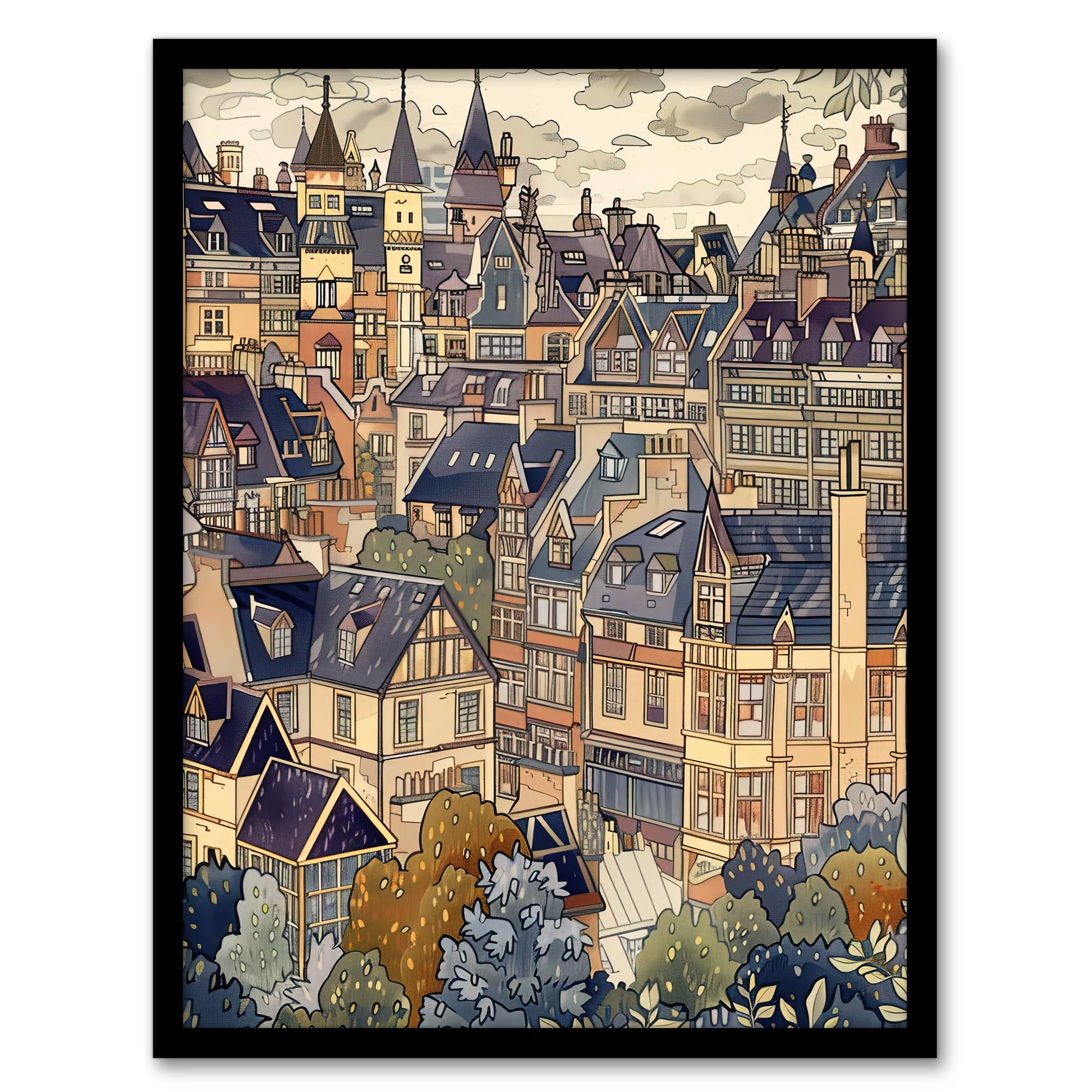 Artery8 Cityscape Painting Of Townhouses In Trees Wall Art PrintA4 Size from B&Q