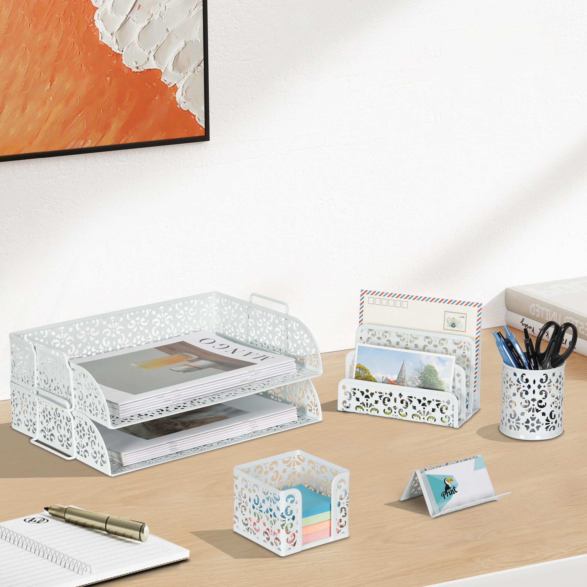 EasyPAG Set organizer da scrivania 5 in 1 – vassoio da scrivania impilabile a 2 livelli, selezionatore per lettere, portapenne, porta biglietti da visita e porta banconote, bianco
