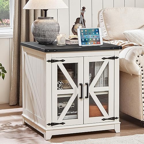 Farmhouse End Table,24" Large Sofa Side Table with Charging Station Glass Barn Door,Wood Nightstand with Adjustable Storage Shelf,Square Bedside Table for Living Room,Bedroom,Office-White