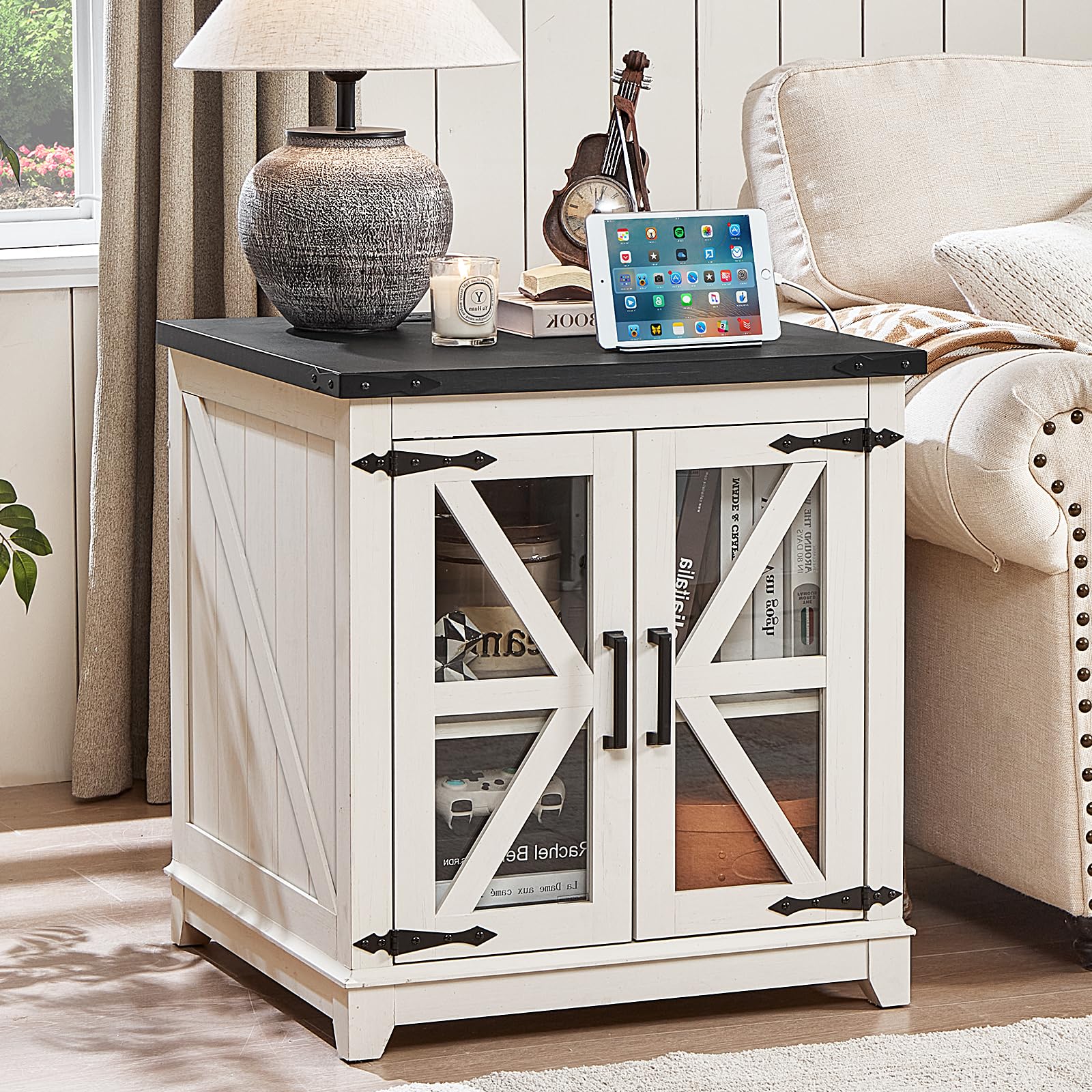 Joaxswe Farmhouse End Table,24" Large Sofa Side Table with Charging Station Glass Barn Door,Wood Nightstand with Adjustable Storage Shelf,Square