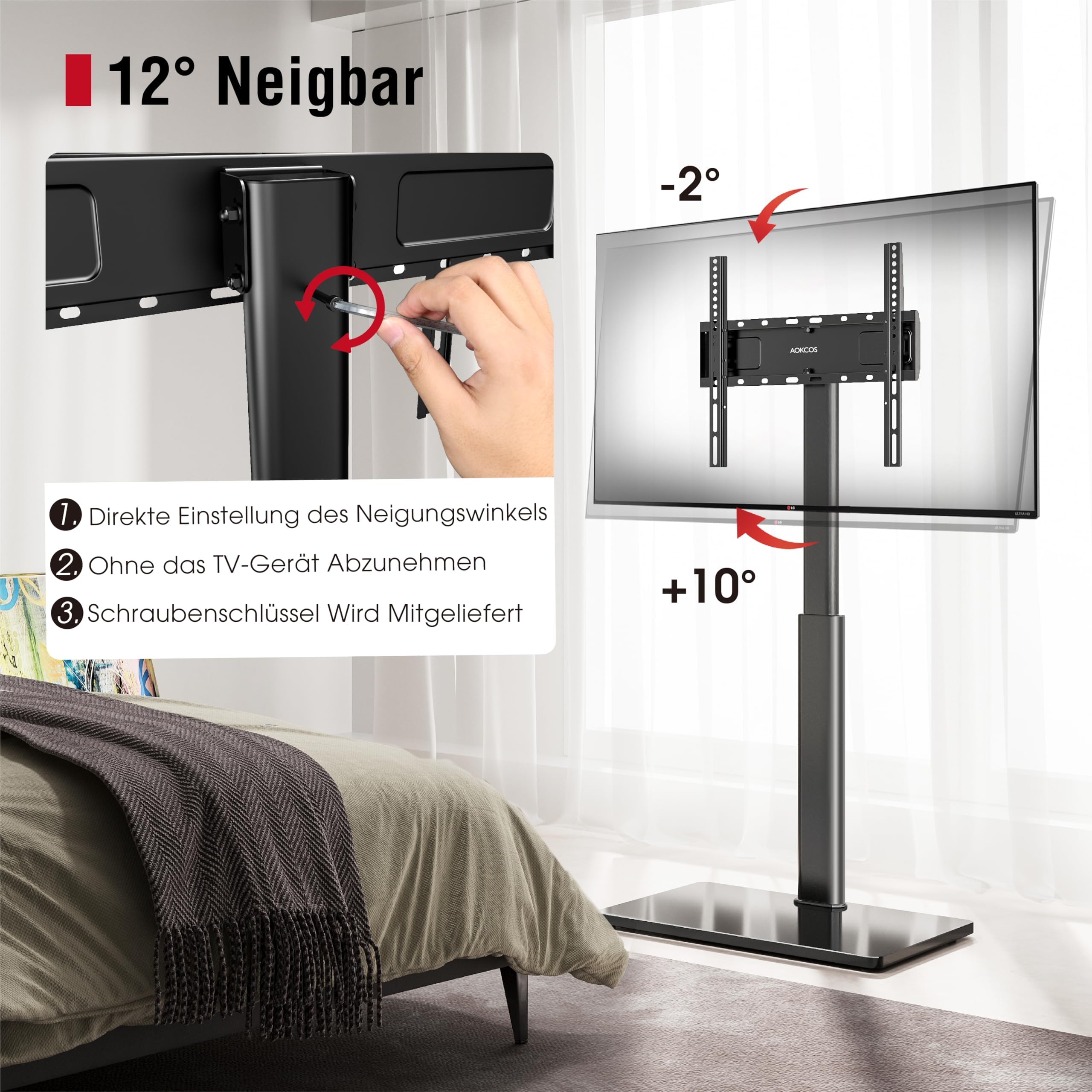 AOKCOS TV Ständer Bodenständer Höhe 1350mm für 32-55 65 70 Zoll Fernseher, Neigbar & Schwenkbar & Höhenverstellbar Fernsehständer, Universal TV Standfüße Standfuss Max VESA 400x400mm 40KG (Schwarz)
