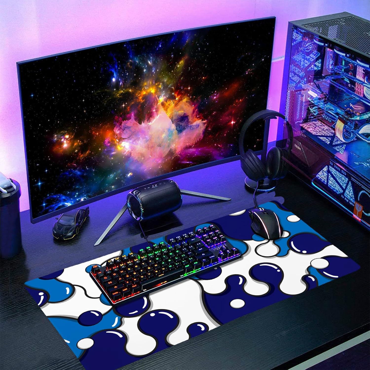 aportt Navy Blue White Mouse Pad XL Large Anime Cool Geometric Japanese Extended Desk Mat 60x35 cm Non-Slip Rubber Base Stitched Edge Large XL Mousepad for Desk Gaming Laptop Desktop,24x14 Inch - Image 6
