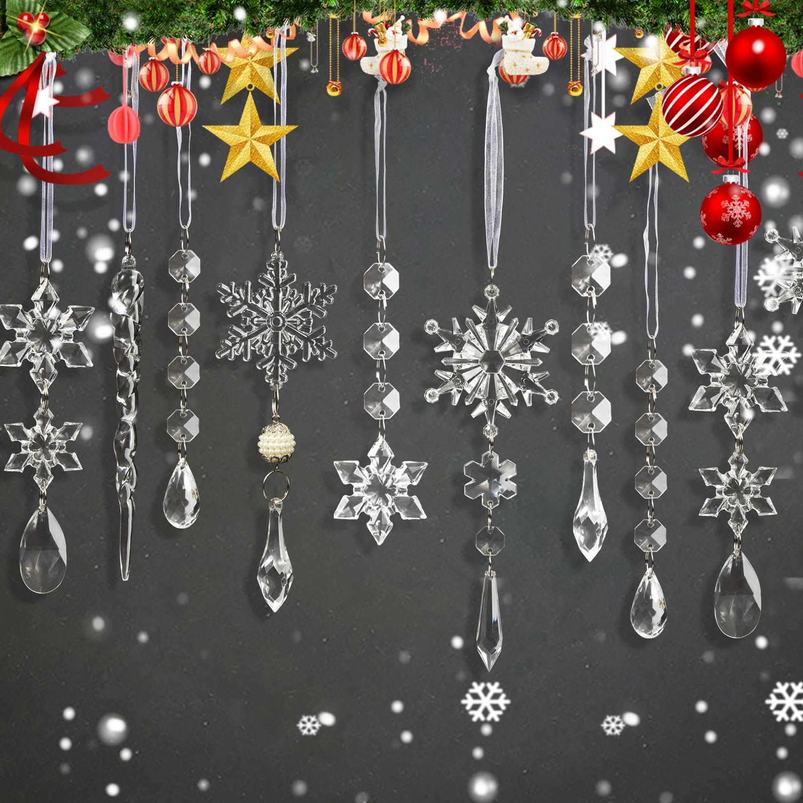 Adornos para árbol de Navidad, 48 Piezas de Copos de Nieve y carámbanos de Nieve, Adornos de Navidad para Fiestas de Invierno o Fiestas de Frozen