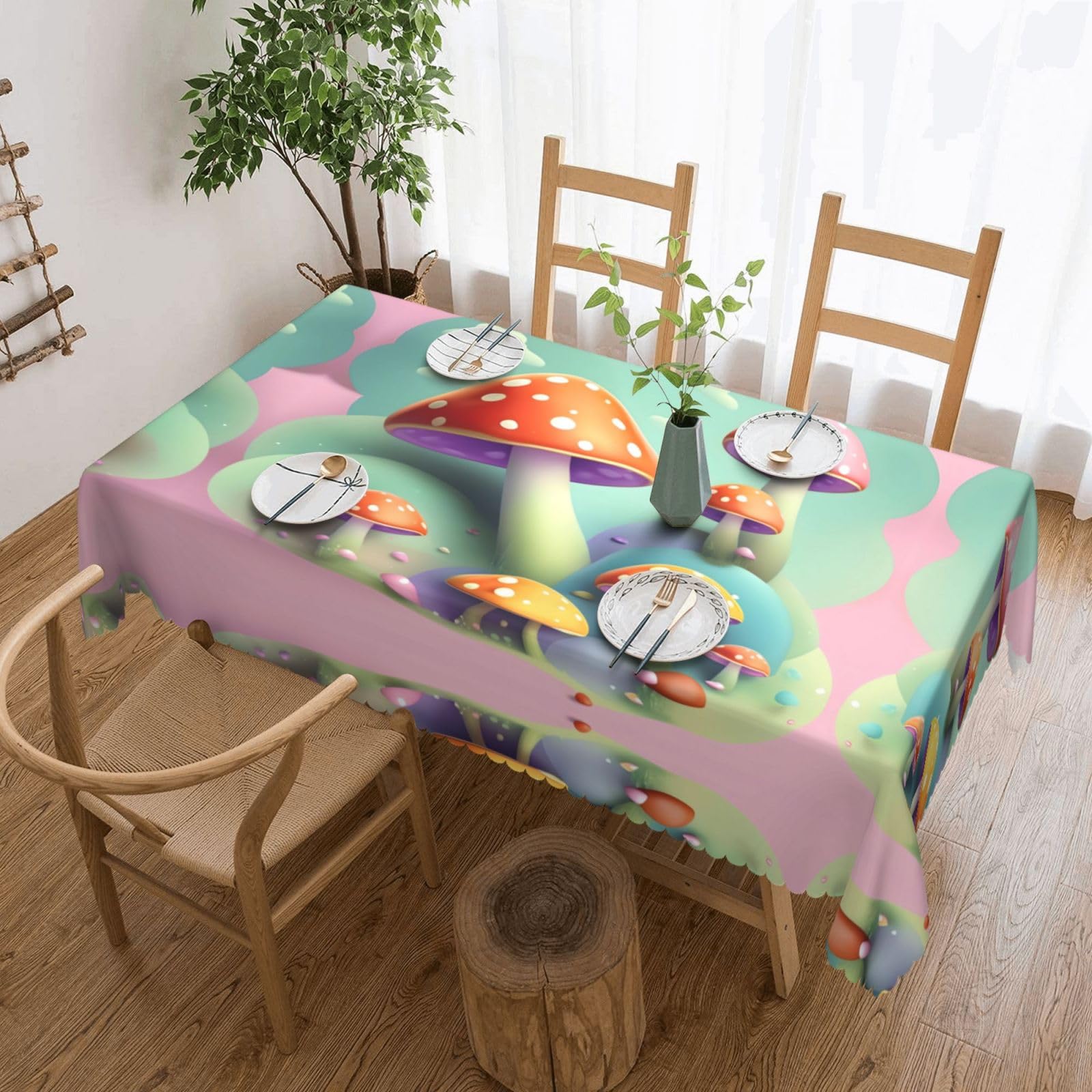 QAZWZML Dreamy Little Mushroom Printed tablecloth, made of thick polyester with lace trim, suitable for dining rooms, picnics, and weddings
