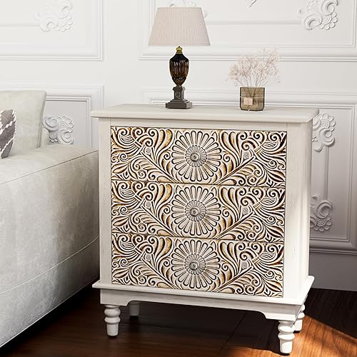 Miniatura 45 de HOMPUS Juego de 2 mesas auxiliares con cajón y estante, juegos de mesitas de noche vintage con cajón de patrones, mesita de noche de grano de 1