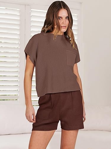 Miniatura 7 de ANRABESS Conjunto de ropa de verano de dos piezas para mujer, suéter de punto, pantalones cortos, sin botones y pantalones cortos, conjunto de ropa