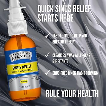 Sovereign Silver Sinus Relief Nasal Spray, 10 PPM Bio-Active Silver Hydrosol, Sinus Spray to Cleanse Mucus & Allergens, Drug-Free Nasal Cleanser, Non-Habit Forming 2 fl oz (59mL) (Pack of 4)