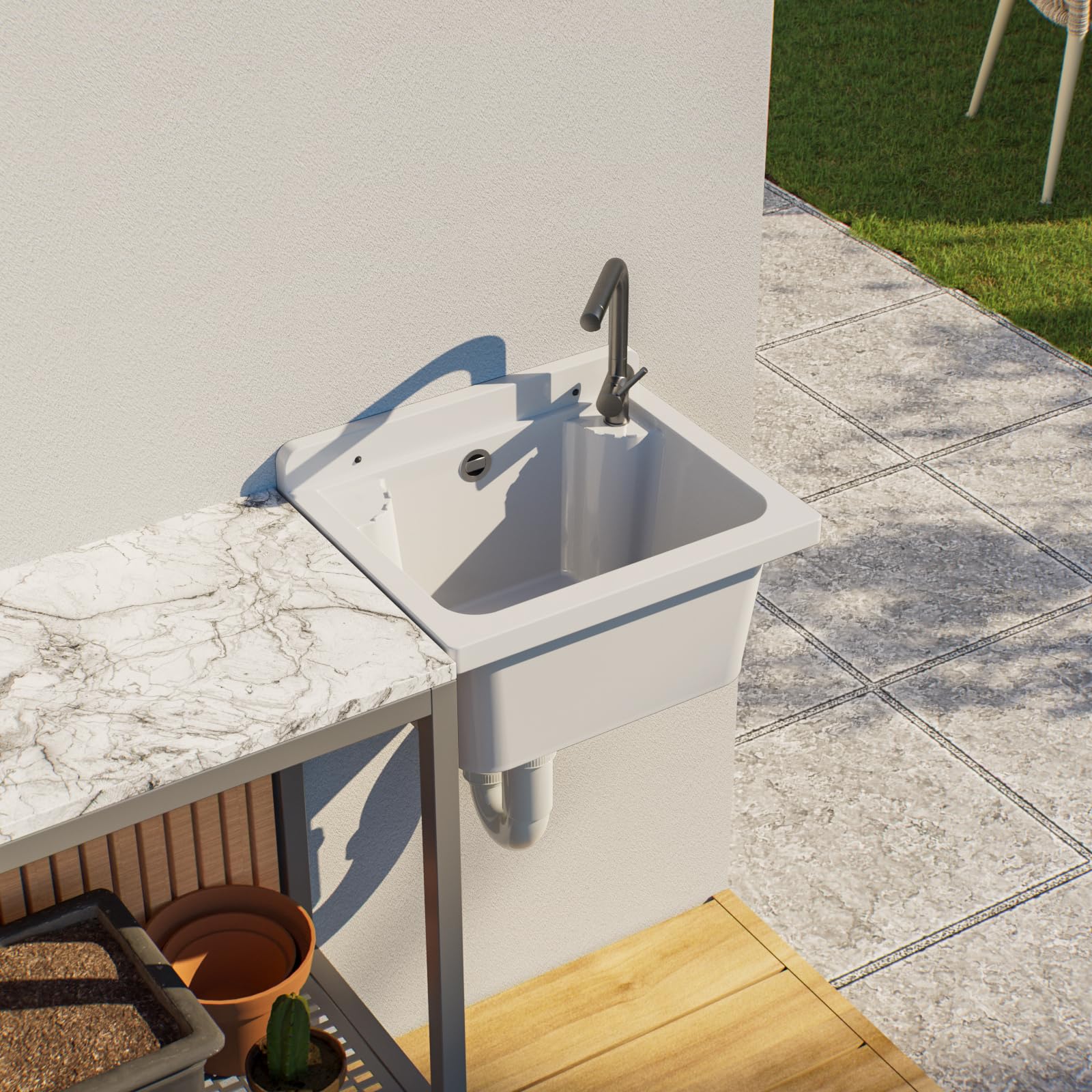 Lavandino, catino, lavello in plastica per esterno, giardino, garage, cantina, stanza di lavaggio, officina, 4 colori (Bianco)