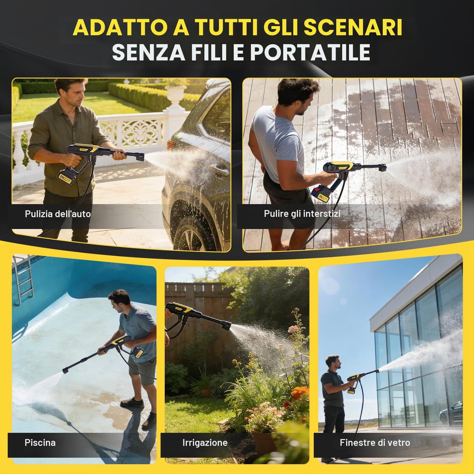 Idropulitrice a Batteria 21V/68Bar/990PSI - 2x 4000mAh Batterie, Set Completo 17 Pezzi con Barra Estensibile, Ugello 6 in 1 & Rotabile 180° – Ideale per Auto, Terrazza e Giardino