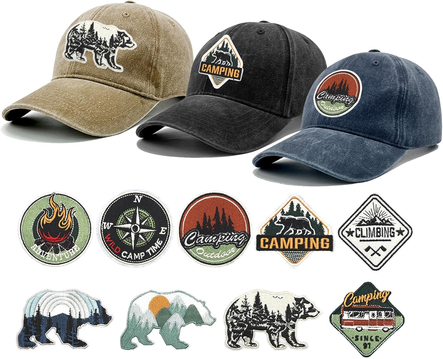 3PCS Washed Baseball Caps for Men Women with 9PCS Outdoor Camping Iron on Patches, DIY Nature Bear Mountain Compass Embroidered Hat Set, Adjustable Washed Cotton Trucker Hats 3PCS Washed Baseball Caps for Men Women with 9PCS Outdoor Camping Iron on Patches, DIY Nature Bear Mountain Compass Embroidered Hat Set, Adjustable Washed Cotton Trucker Hats