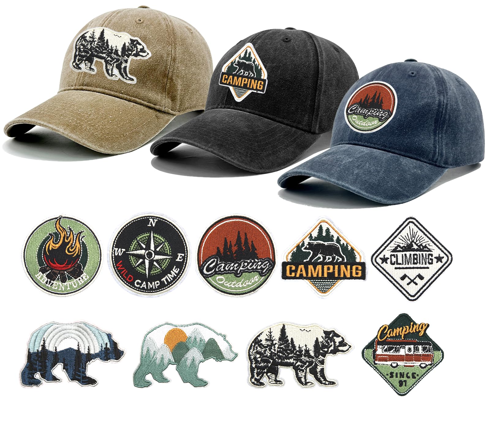 HEYTRCO 3PCS Washed Baseball Caps for Men Women with 9PCS Outdoor Camping Iron on Patches DIY Nature Bear