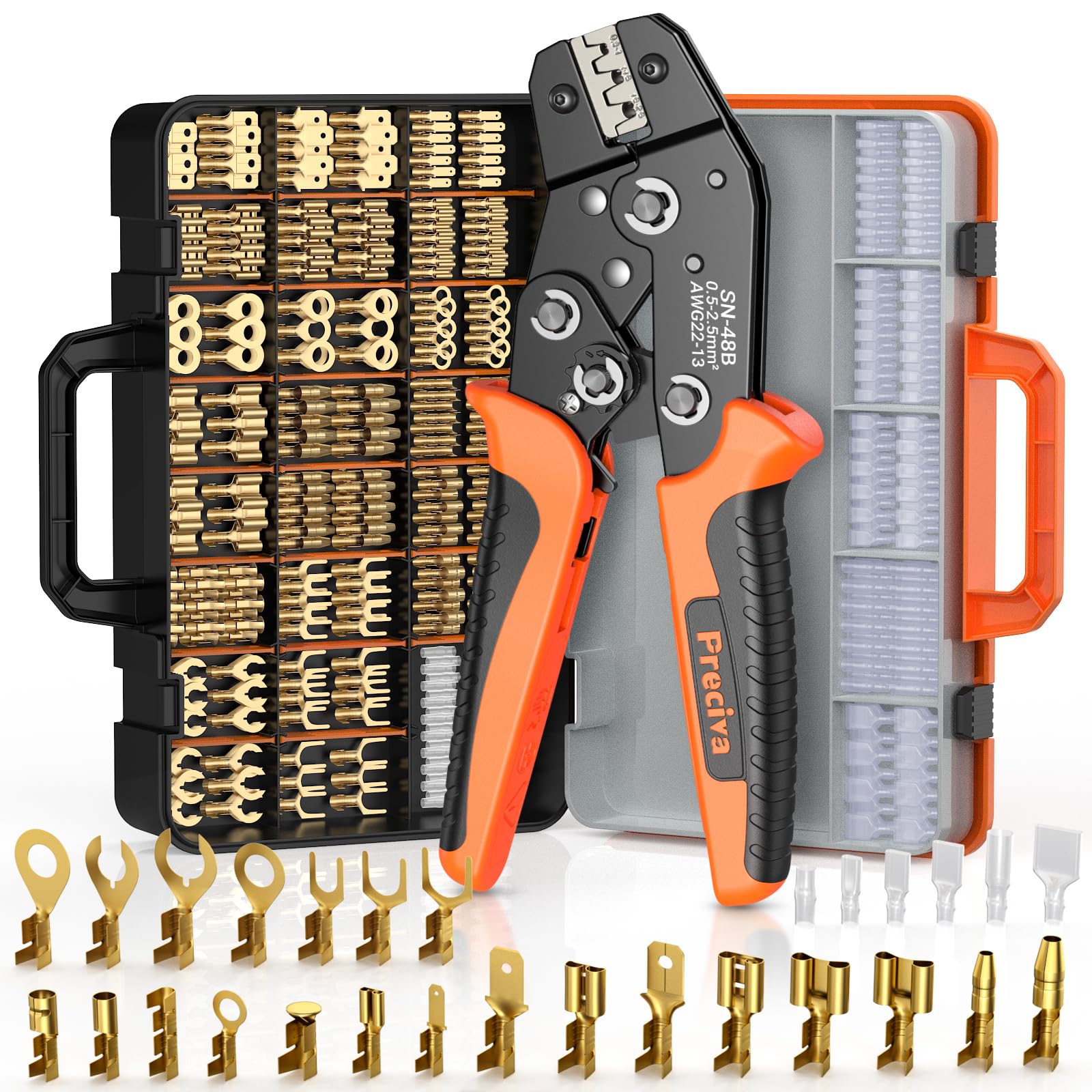 Circlip Crimping Tools Set, Preciva 0.5-2.5mm²/AWG22-13 Wire Terminal Crimp Tool with 690pcs Spade Connectors, Non-Insulated Ratchet Crimper for Power Supply Pins Electrical Jobs