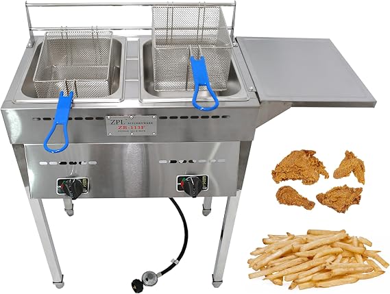Deep Fryer Propane Deep Fryer for Outdoor- 18 Qt Stainless Steel Commercial Quality Double Fryer with Baskets, Lids & Hose - Ideal for Frying Fish, Wings, and More