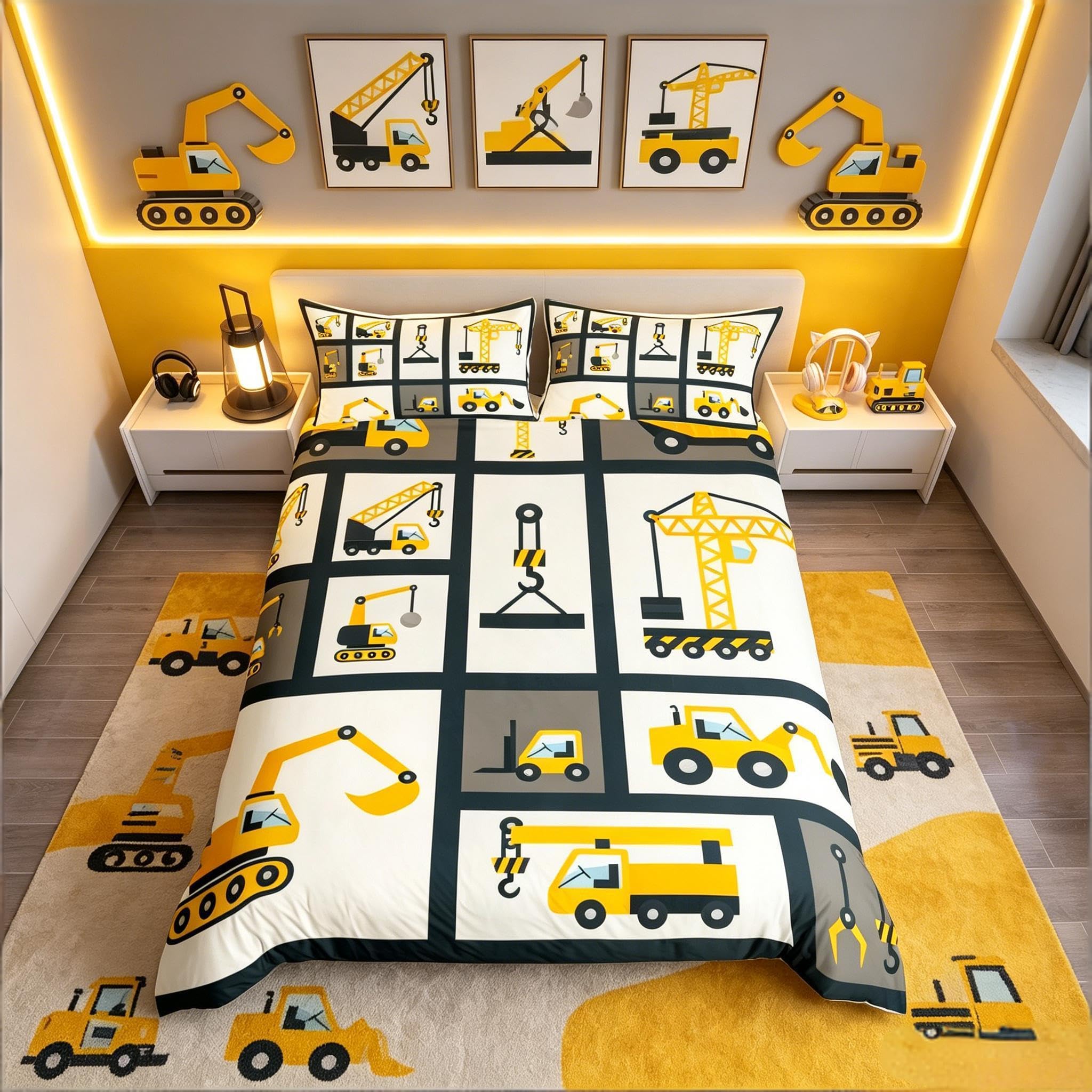 Loussiesd Boys Construction Bedding Set King Kids Cartoon Machinery Truck Bedding & Linen Set For Children Girls Bedroom Construction Site Car Vehicle Bedding Duvet Cover Set with 2Pillow Case — image 1