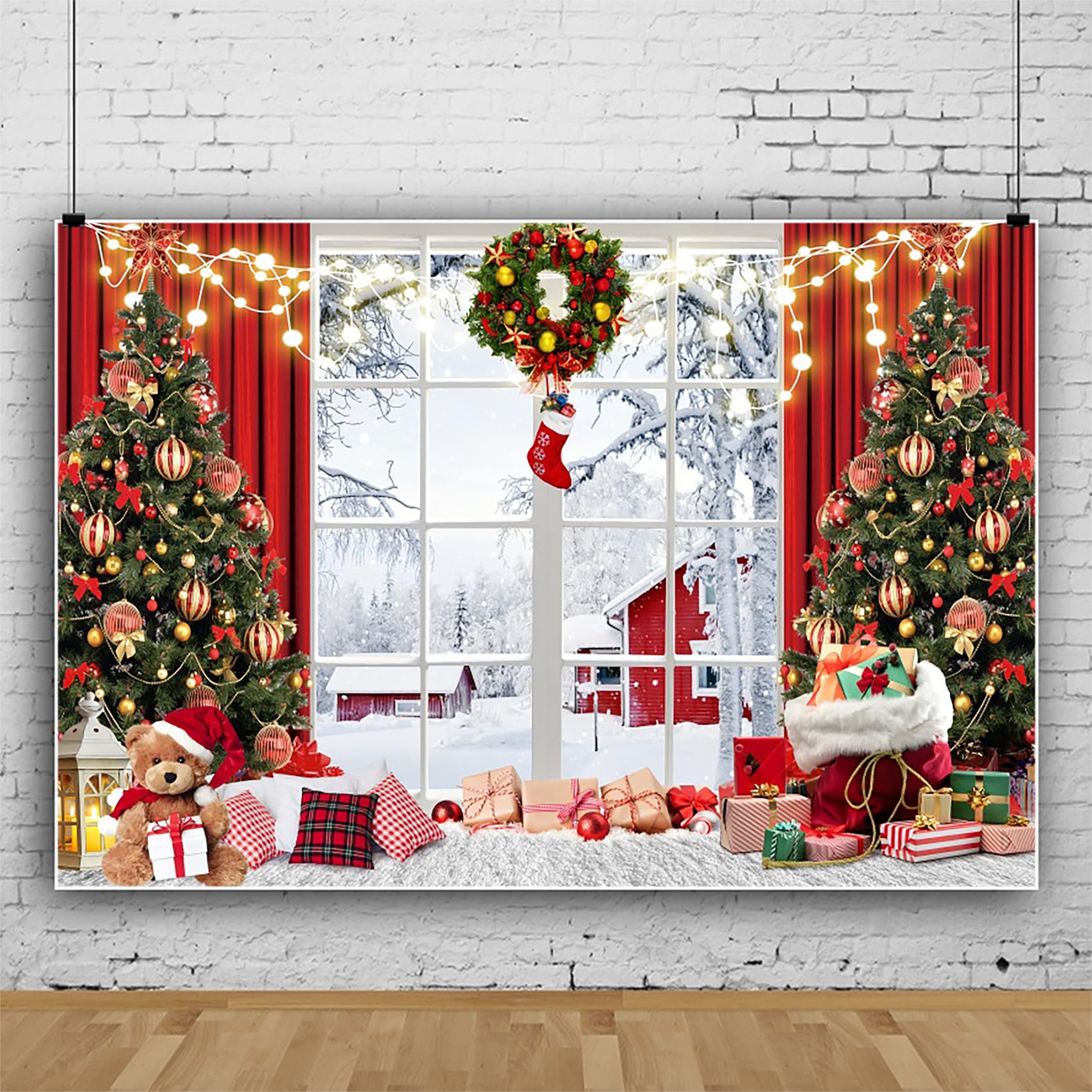 3x2,5m Toile de Fond de noël Hiver Rideaux Rouges fenêtre Blanche Arbre de noël Couronne Photographie arrière-Plans Veille Vacances fête de Famille bannière, Vinyle