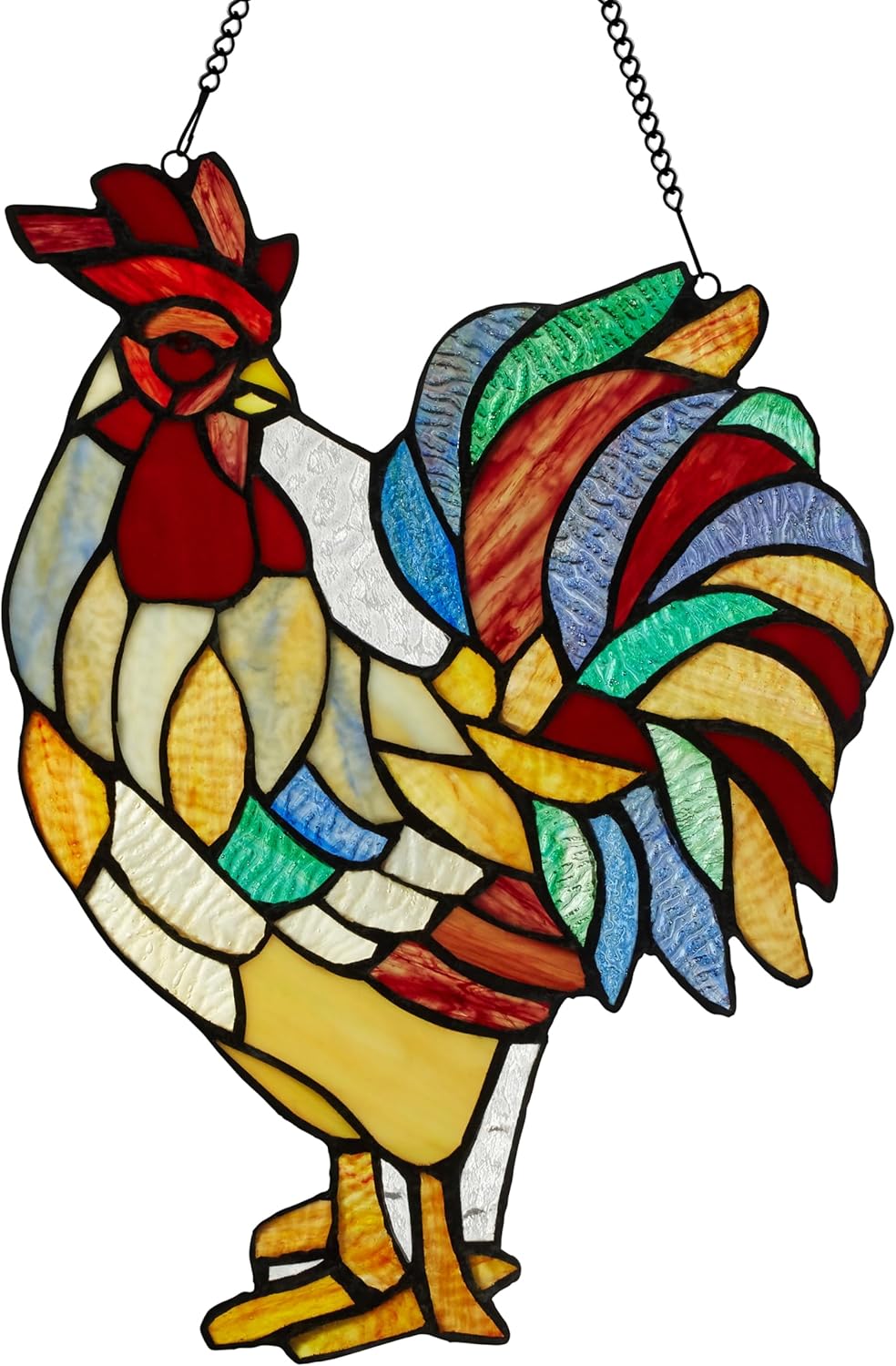 RIVER OF GOODS 15.25" H Rusty The Rooster Stained Glass Window Panel, Red, Purple, Blue