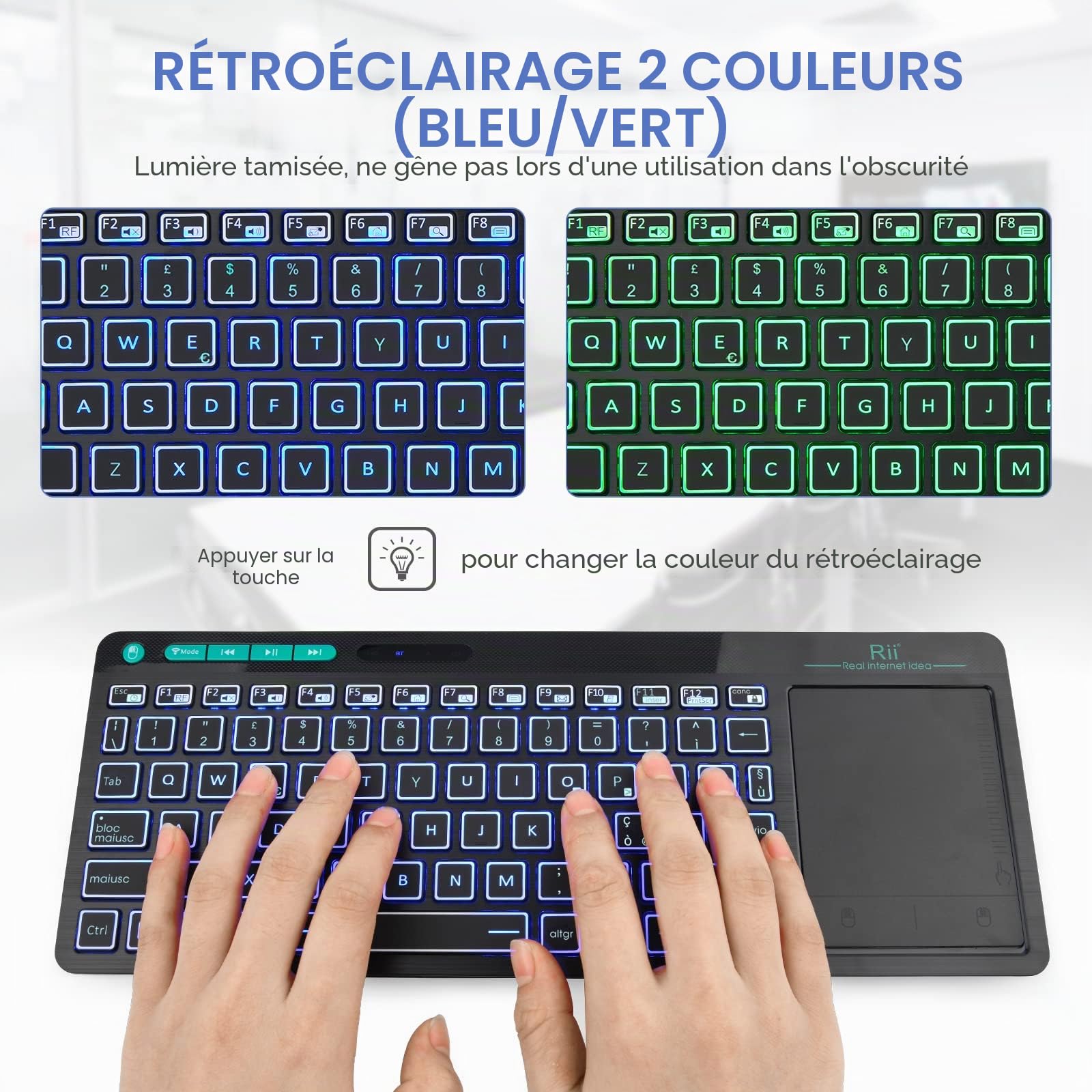 Rii Mini i18S Wireless + Bluetooth Clavier compact avec grande souris Touchpad et rétroéclairage LED, compatible avec Smart TV, TV Box, tablette, smartphone, console, PC, Fire TV, Raspberry