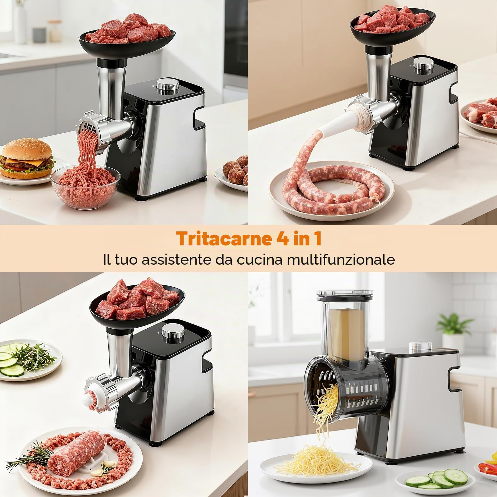 Tritacarne elettrico,insaccatrice per salsicce,tritacarne elettrico in acciaio inossidabile da 2800W max e tritatutto per verdure,3 piastre di macinatura,taglierina per verdure con 5 lame
