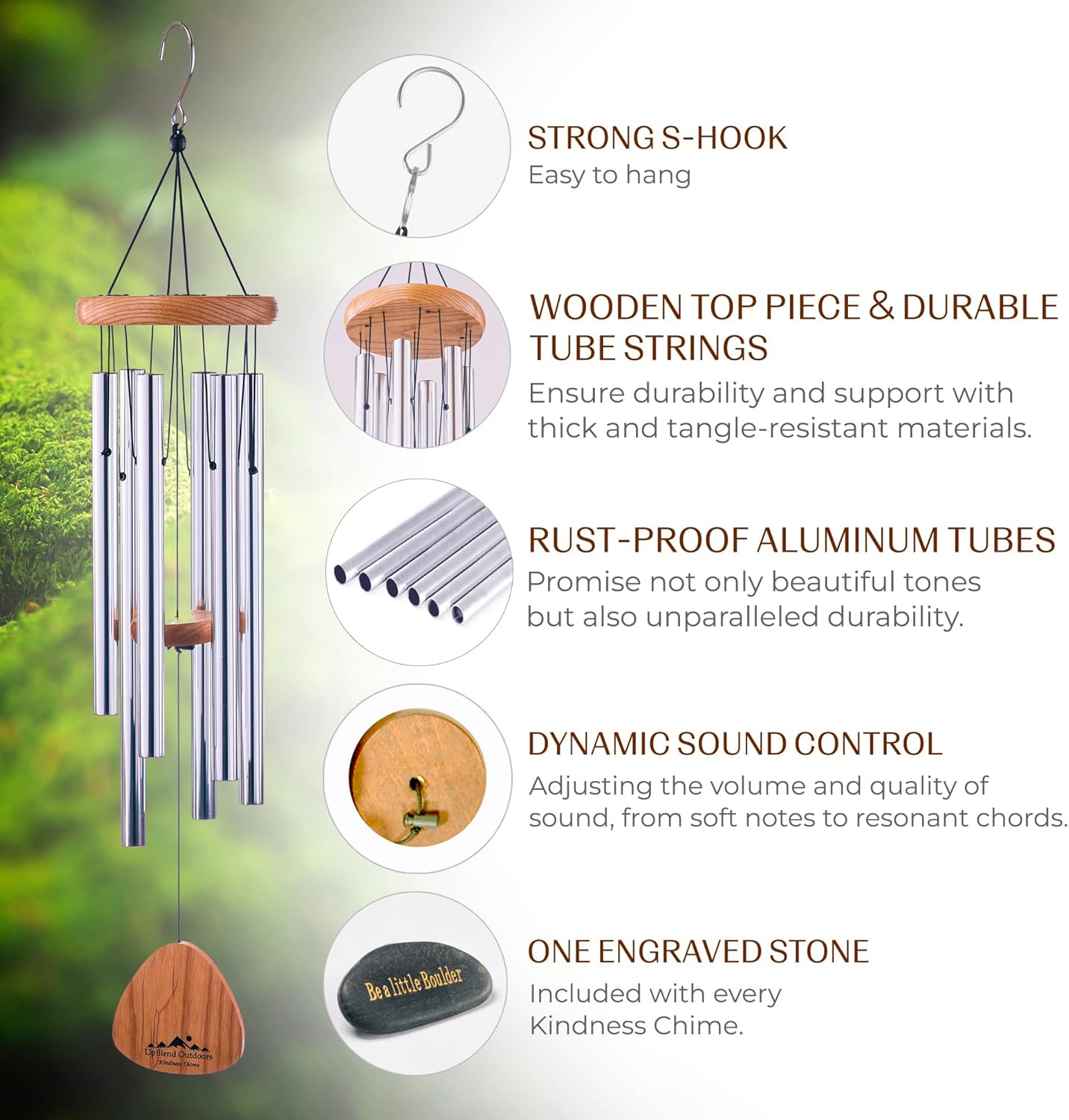 UpBlend Wind Chimes for Outside Gift – Deep Tone Wind Chime with Decorative Stone – Garden and Patio Décor for Porch or Yard, Elegant Outdoor Ornament, Meaningful Gift for Neighbors. 29” Silver.