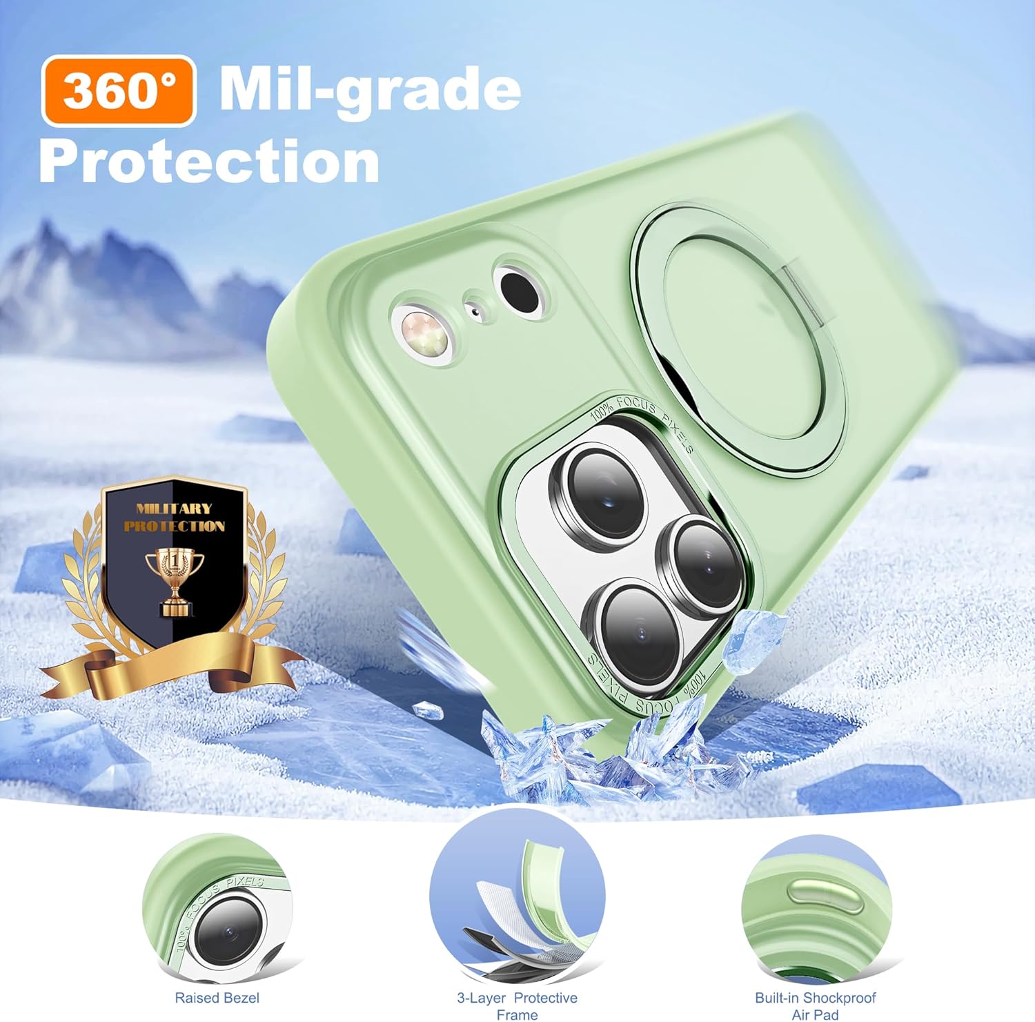 for iPhone 17 Pro Case with 360° Rotatable Magnetic Ring Stand Compatible with Mag-Safe Military Protection Shockproof Matte Translucent Phone Case for iPhone 17 Pro, Green