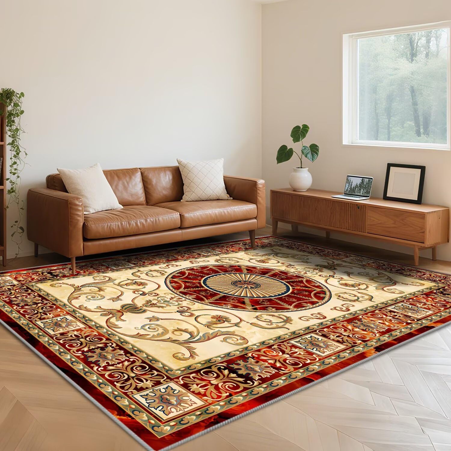 Tapis de salon poil ras tradition rétro rouge chic en 180x250