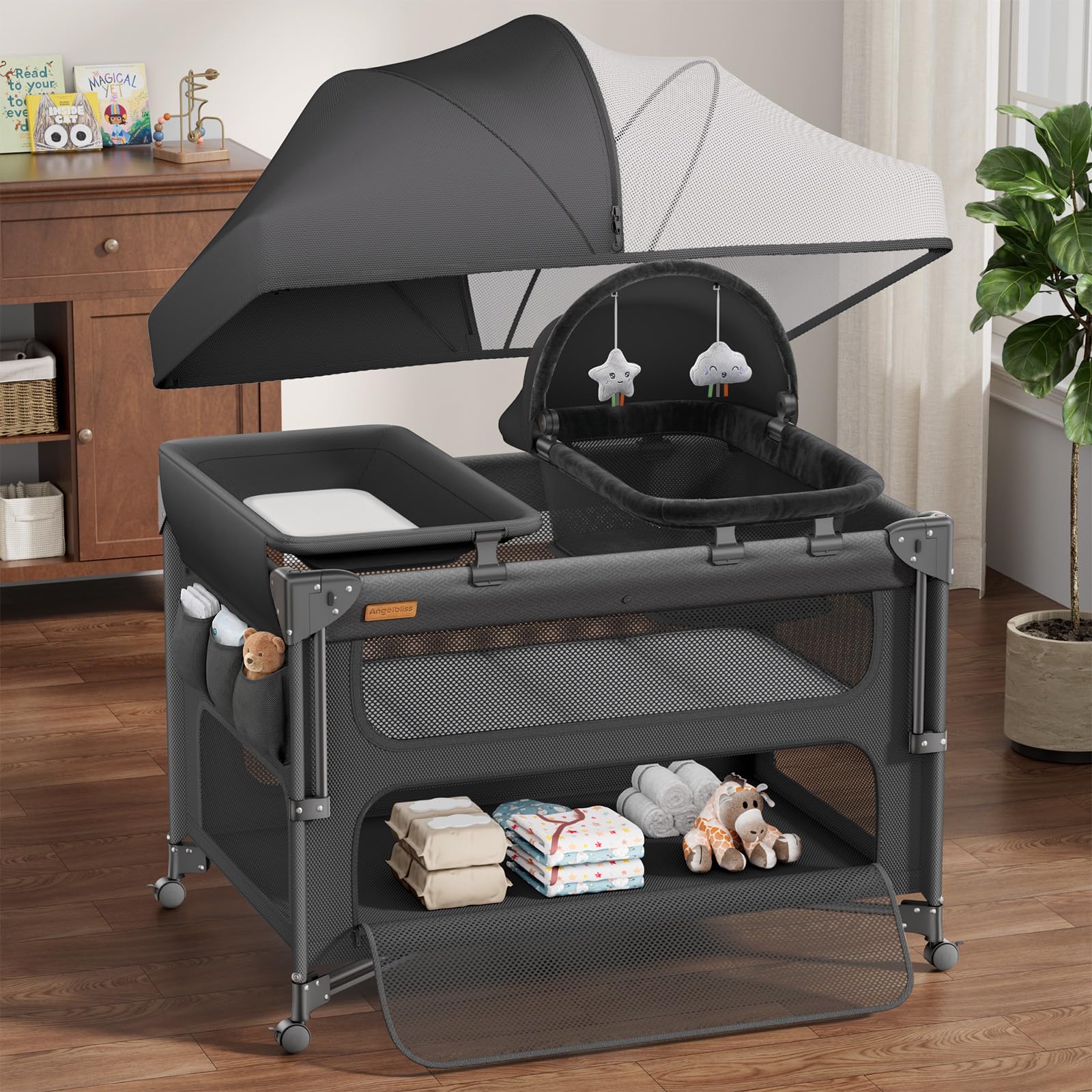 angelbliss baby bassinet bedside crib, 5-in-1 one-push instant fold pack and play with changing table, napper bassinet, mattress & mosquito net, portable playard for newborns to toddlers