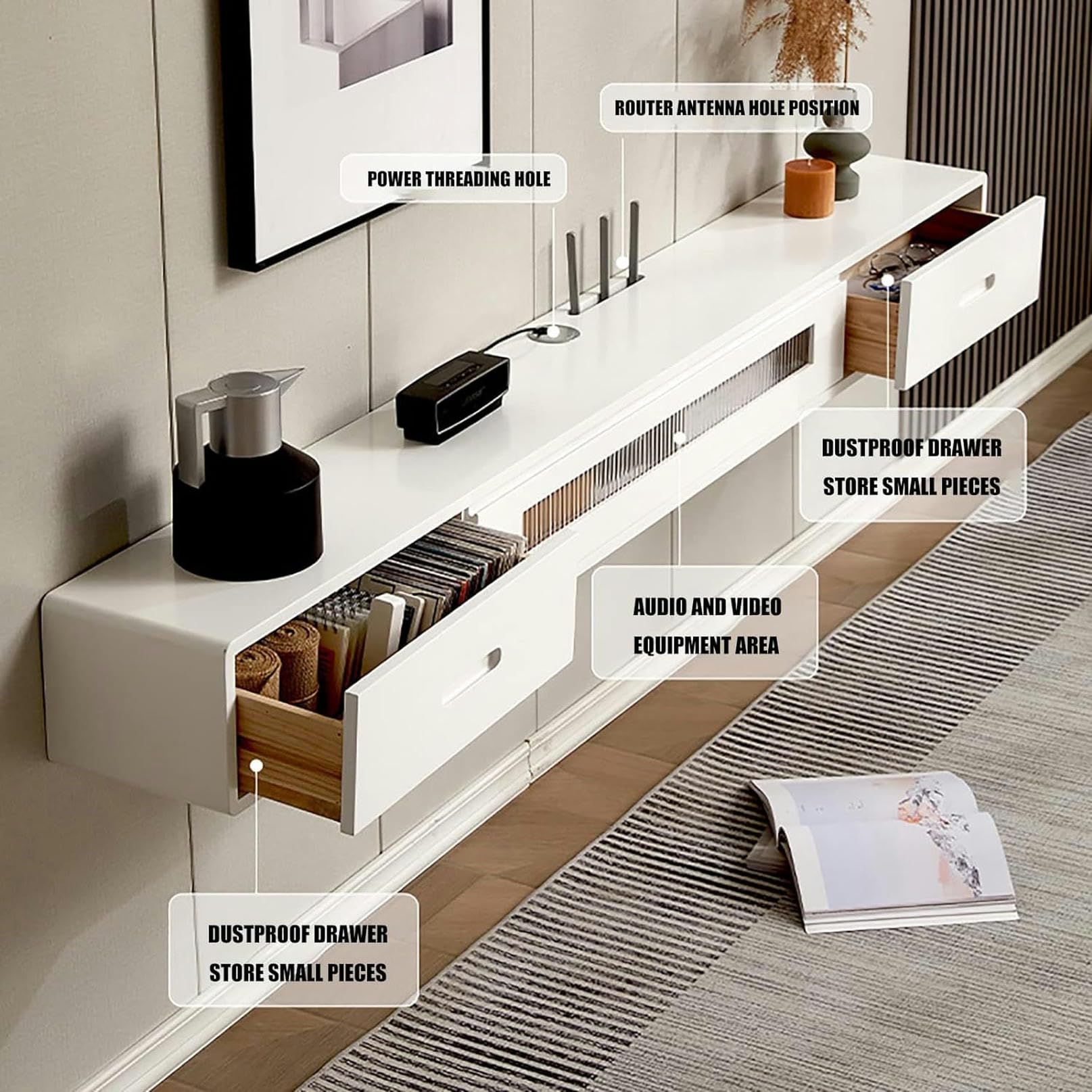 Supporto per TV sospeso da parete, console multimediale con spazio per soggiorno e ufficio, design salvaspazio moderno, mensola galleggiante per TV a schermo piatto, elegante decorazione per la casa
