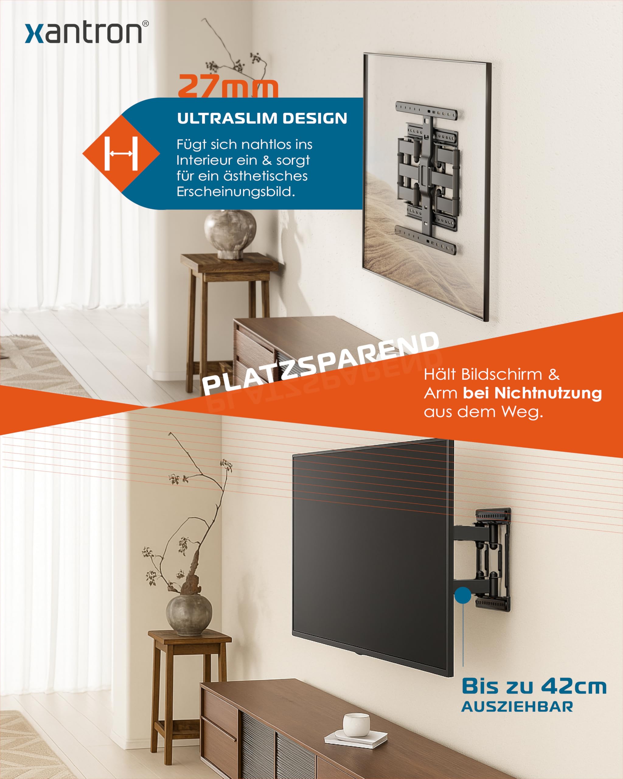 Xantron Slim Fit TV Wandhalterung Schwenkbar inkl. Zubehör - nur 27mm Wand-Abstand - 43-90 Zoll & VESA bis 600×400 - Ultra Slim TV Halterung bis 75kg - SLIMLINE-466US