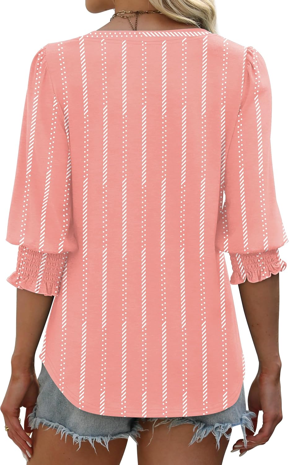 XIEERDUO Blouses for Women Dressy Casual 3/4 Length Sleeve Womens Tops V Neck T Shirts with Smocked Cuffs E-pink Stripes XX-Large image 4 of 4 B0F2HN4118