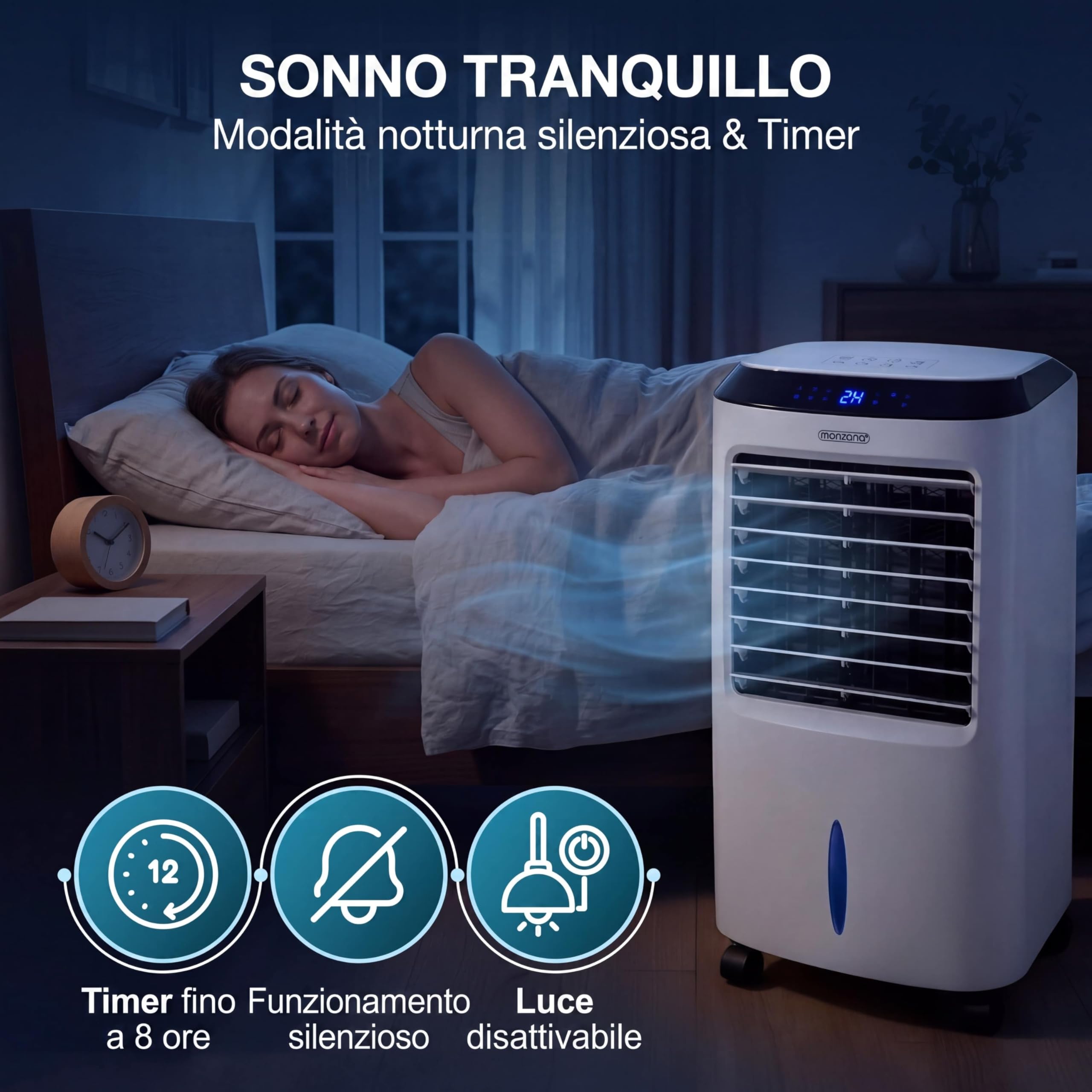 MONZANA® Condizionatore d'aria Portatile 4in1 Serbatoio 10L Ventilatore Silenzioso Modalità Sonno Telecomando Timer LED Raffreddatore Raffrescatore
