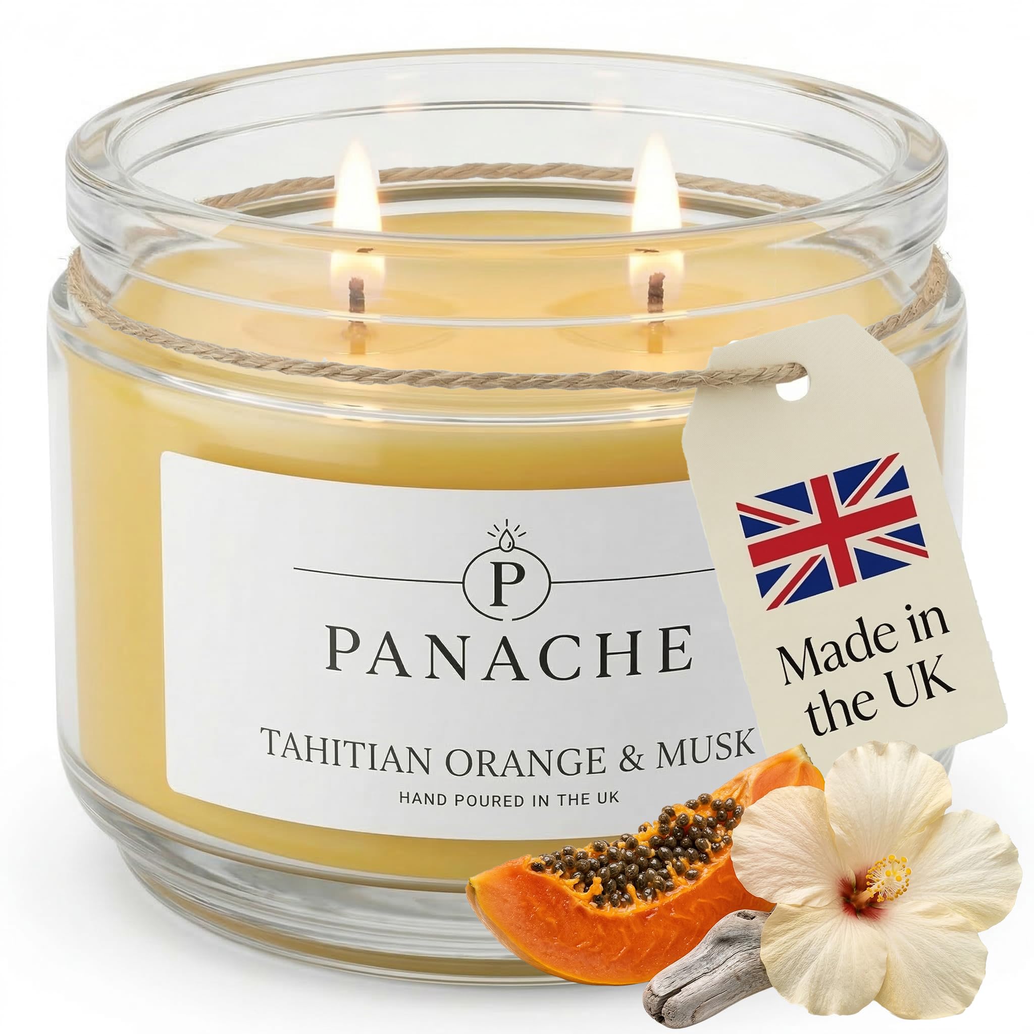 Zan Village Homeware 08 - Tahitian Orange & Musk Panache Tahitian Orange & Musk Scented Candle – Double Wick Soy Wax Candle, 48 Hour Burn Time, Hand Poured In Uk, Clean Burning Cotton Wicks, Luxury Glass Jar Candle For Home Fragrance & Gifts (320G)