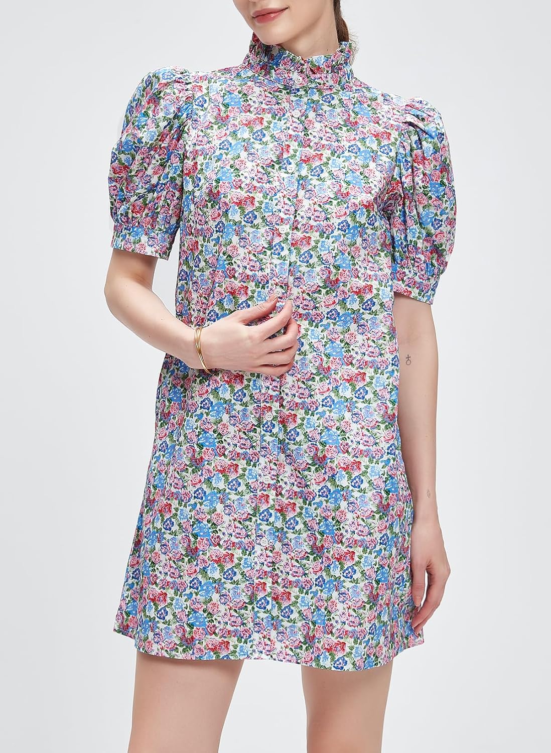 Ladyful Women's Summer Floral Dress Short Sleeve Button Down Shirt Mini Dress Ruffle Mock Neck Shift Sundress - Image 3