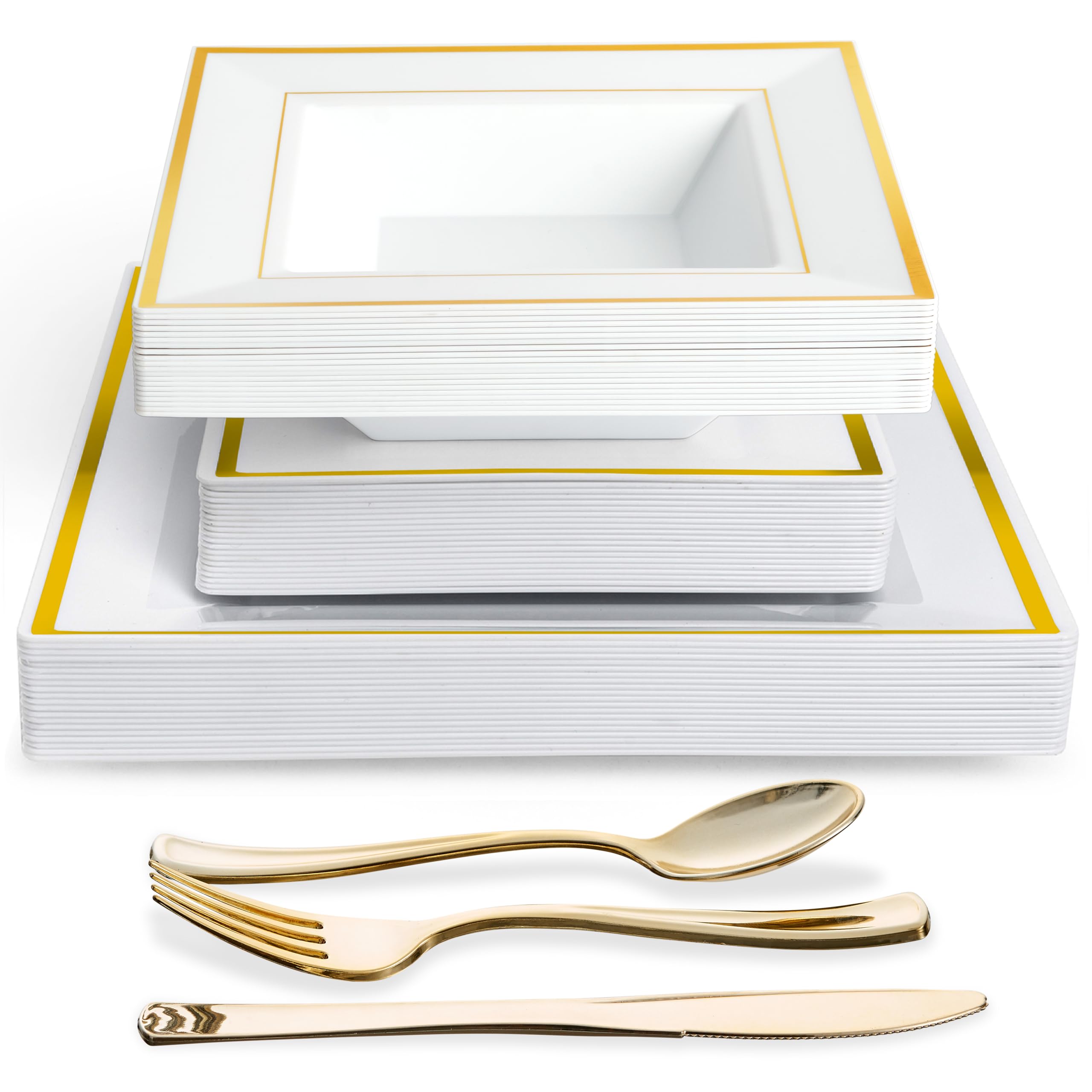 MATANA 360-Piece Reusable Square White Plastic Dinnerware Set with Gold Rim – 60 Dinner Plates, 60 Dessert Plates, 60 Bowls, 180 Reusable Gold Cutlery – Elegant Tableware for Events & Parties