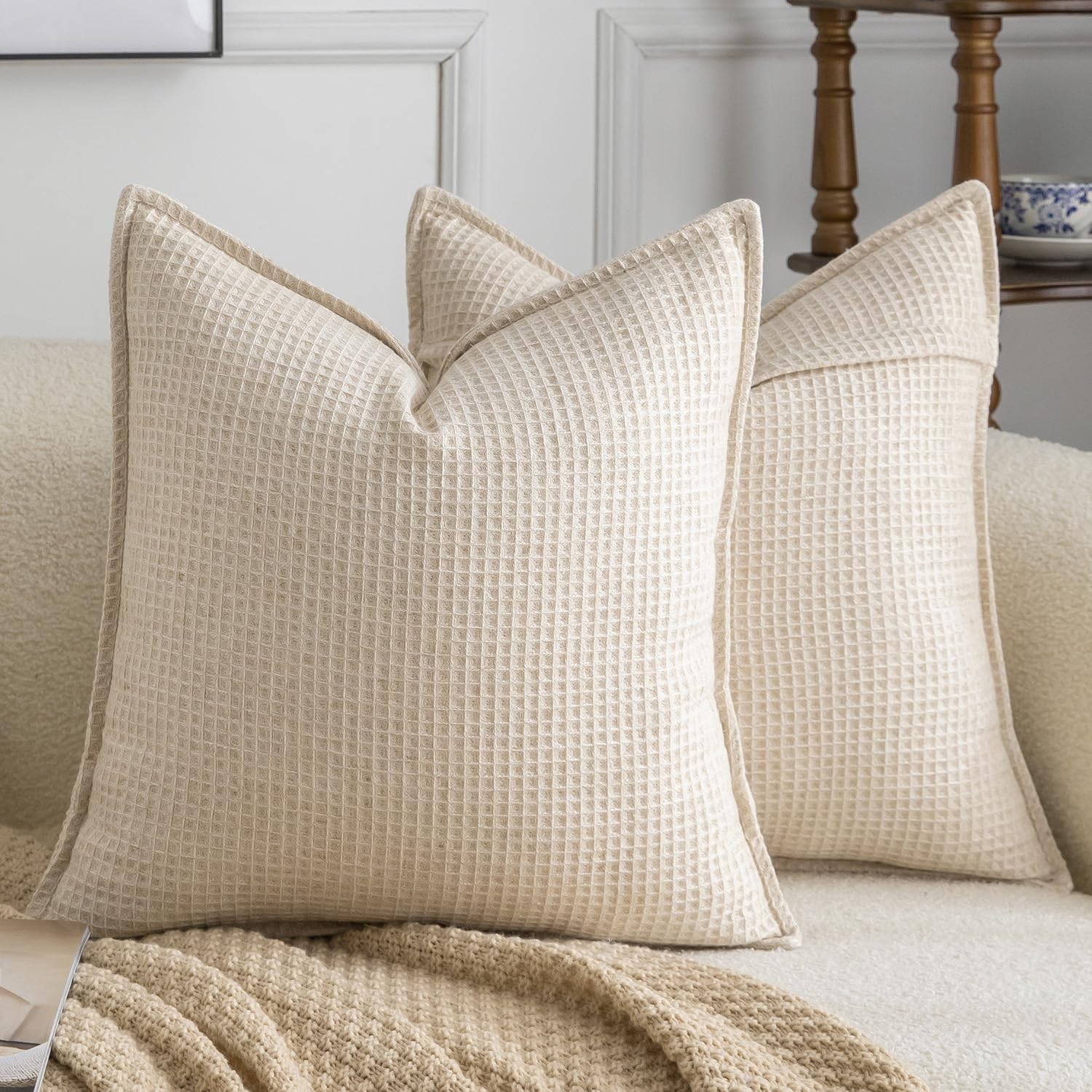 Madizz Pack of 2 Decorative Cushion Covers 45x45 CM Light Beige Linen Blend Throw Pillows Soft Solid Textured Pillow Covers for Couch Sofa Bedroom Living Room