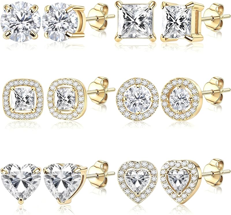 ONESING 6 Pairs Stud Earrings for Women 14K Gold/Silver Plated Hypoallergenic Cubic Zirconia Earrings Studs Stianless Round Square Heart CZ Stud Earrings Set for Women Men