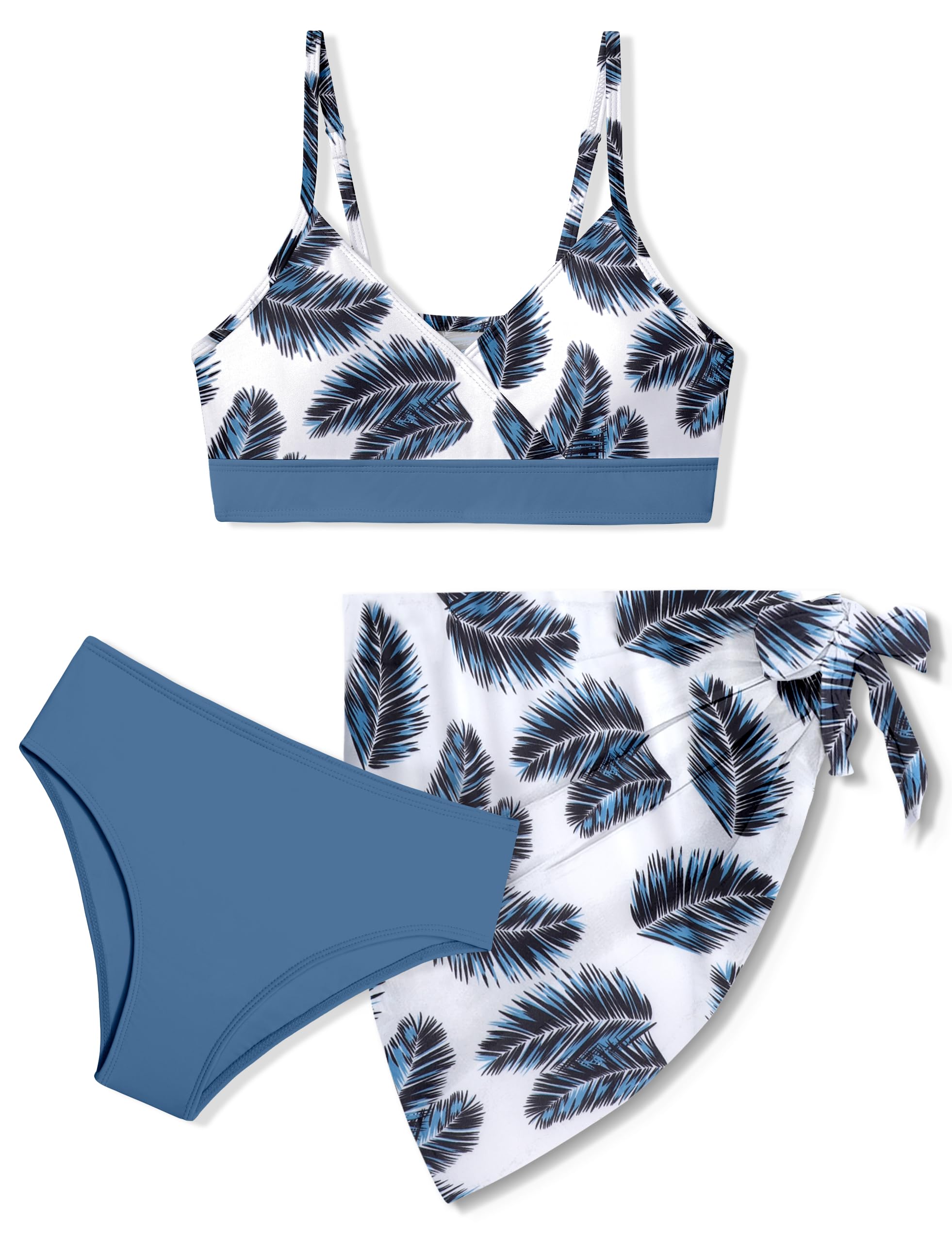 Girls Swimsuit V Neck Adjustable Straps Stylish Bikini Set with Cover Up 3Pcs Bathing Suits for Teen Girls