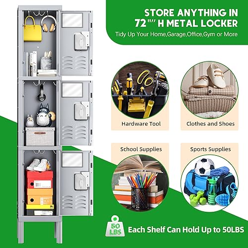 Miniatura 7 de INTERGREAT Armario de almacenamiento para empleados, oficina, armario de gimnasio de metal con 3 puertas, armario de armario gris acero para la